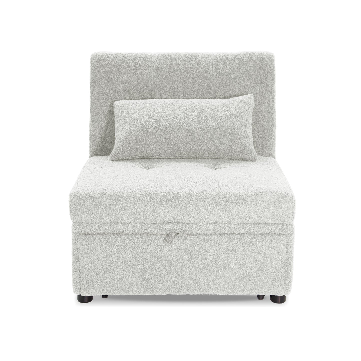 Light gray textured convertible chair with tufted back and storage