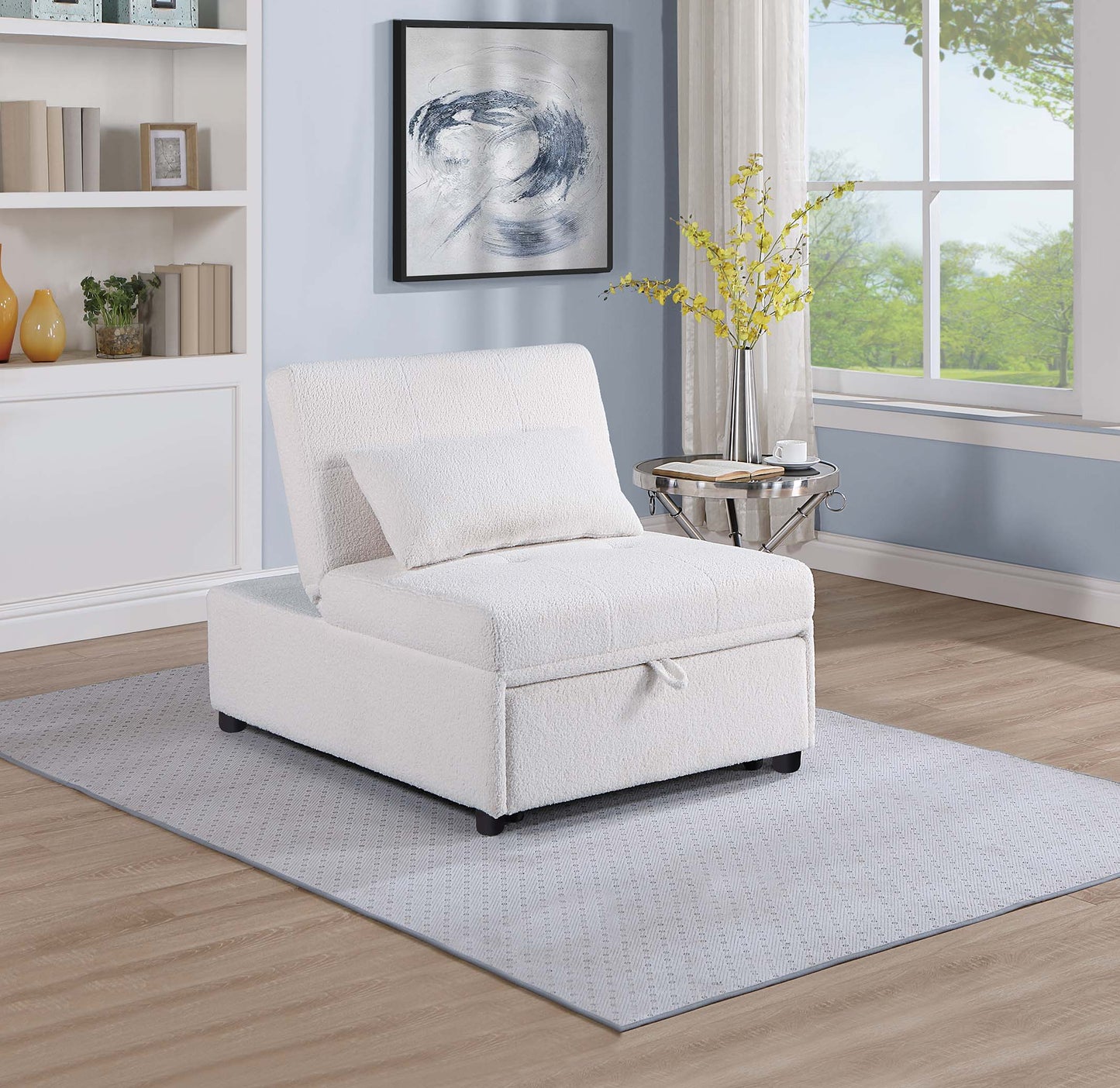 Convertible armchair with white boucle fabric and pullout bed function