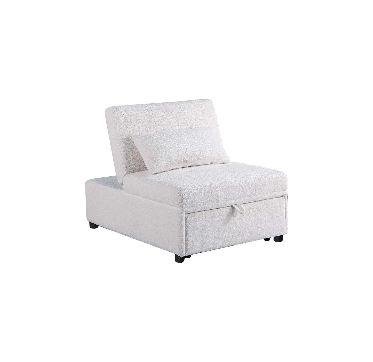 White textured sleeper sofa chair with a lumbar pillow and hidden storage