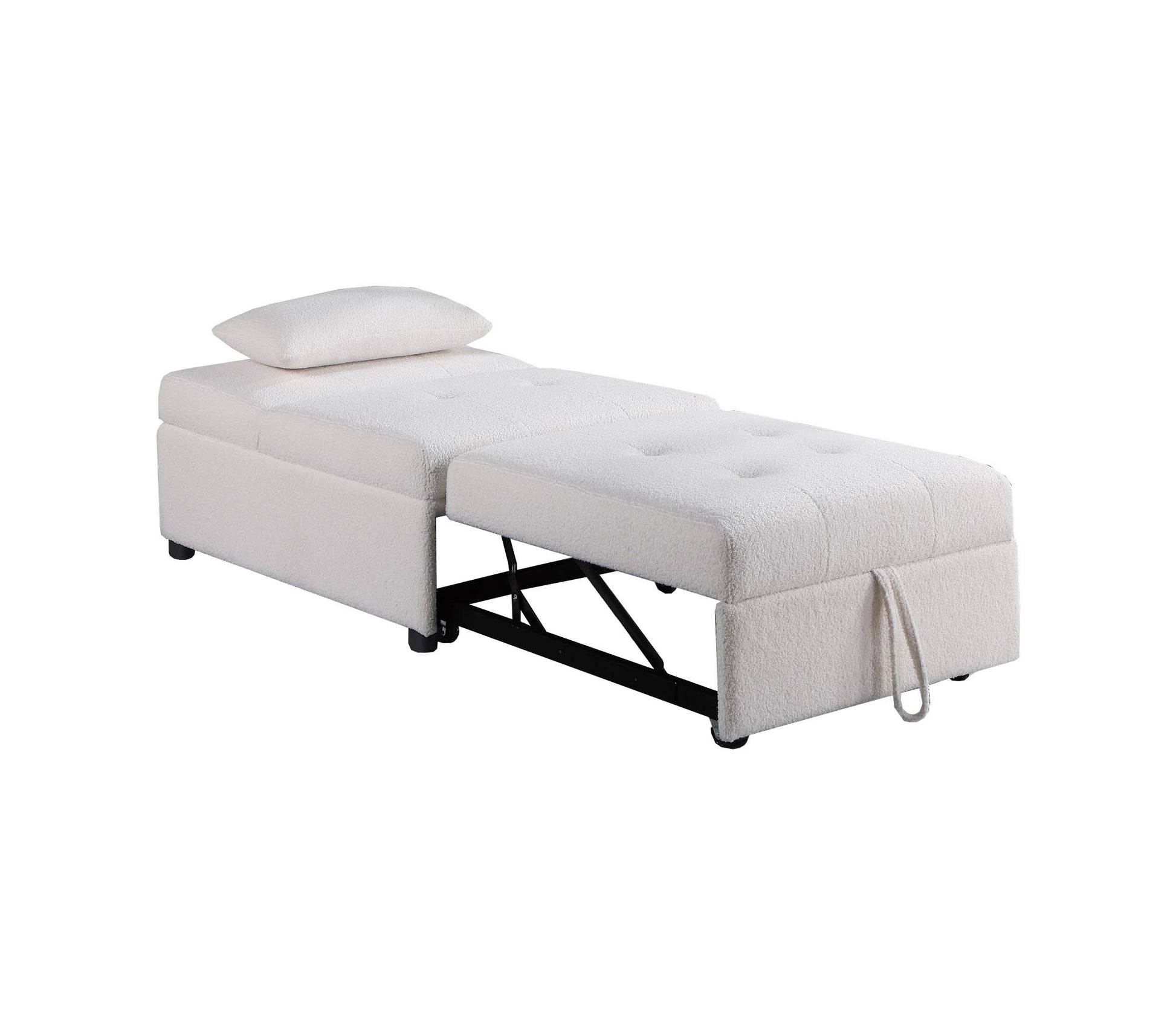 Cream boucle fabric convertible ottoman sleeper with a pull tab and cushion