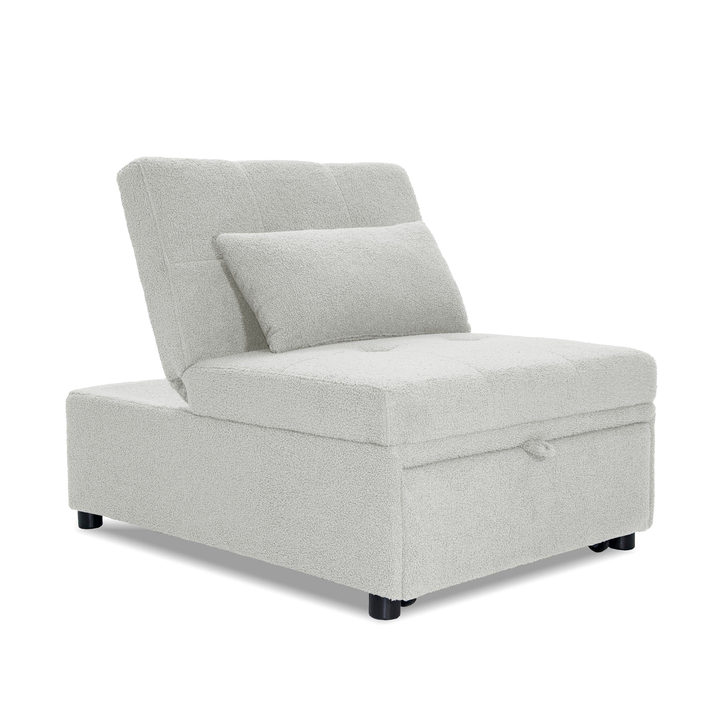 Light grey boucle fabric armchair with storage featuring tufted seat and backrest