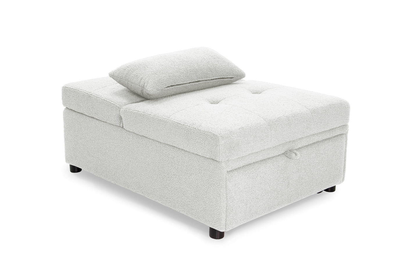 White boucle storage ottoman with tufted lid and small bolster pillow