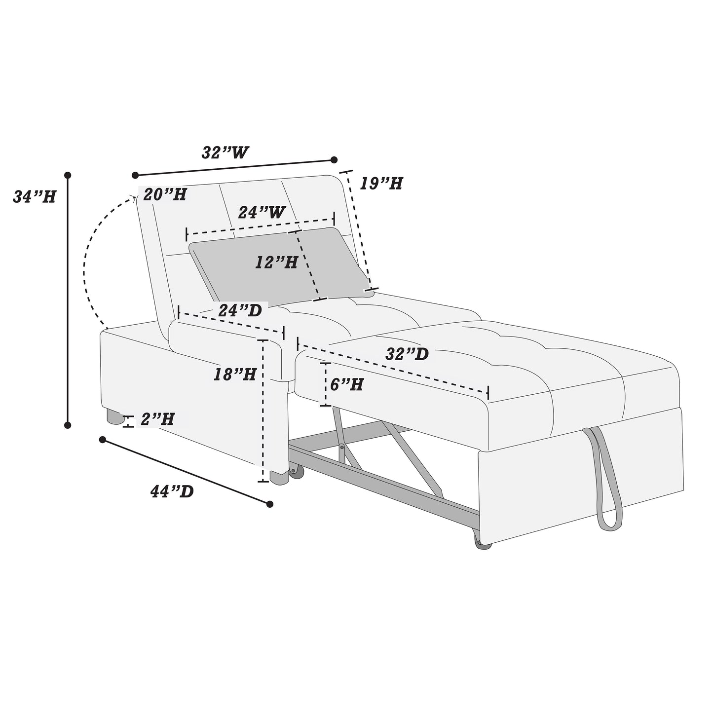 Diagram of a convertible sleeper sofa with dimensions for height width and depth