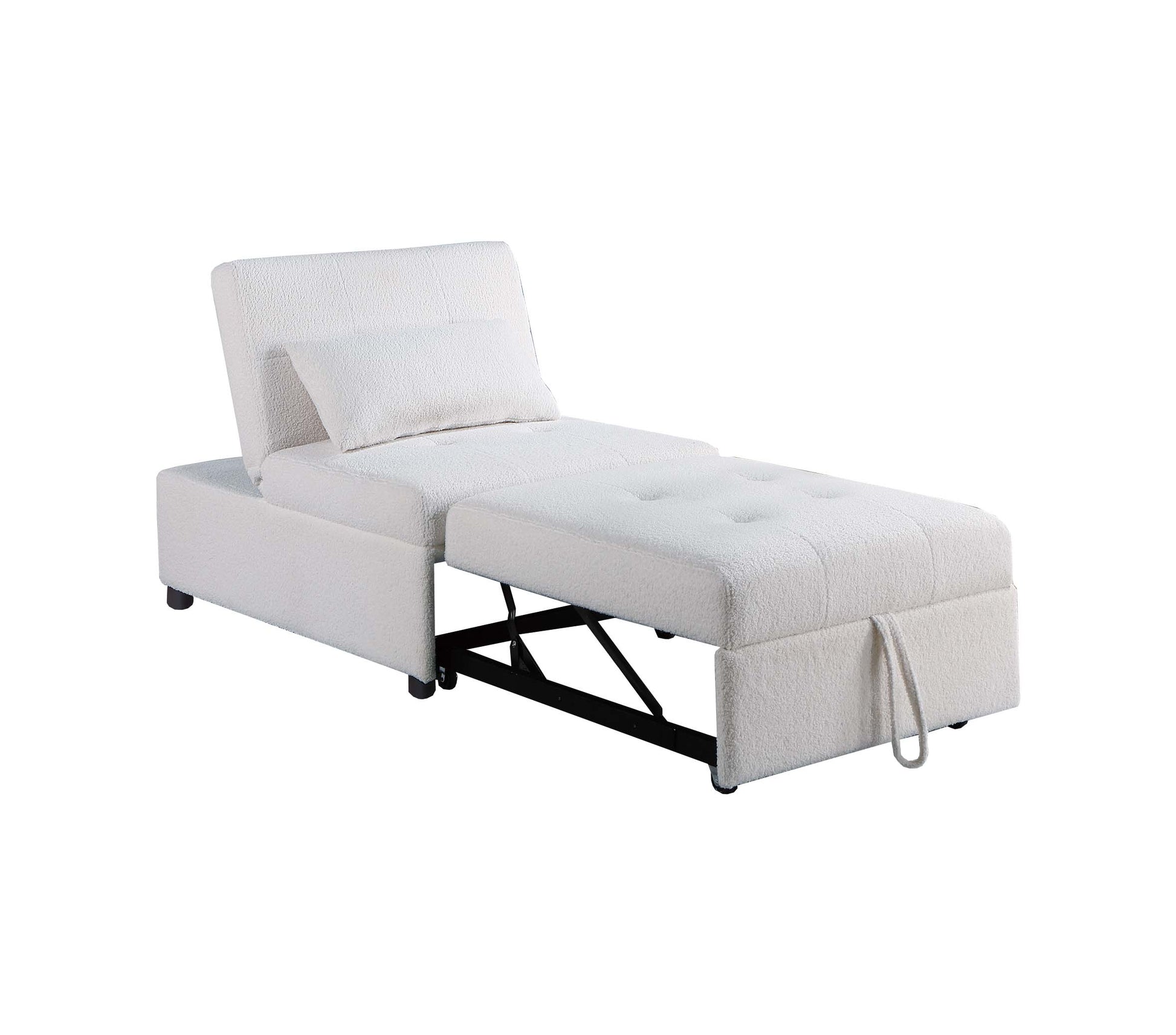 White textured fabric sleeper sofa with extended ottoman and lumbar pillow