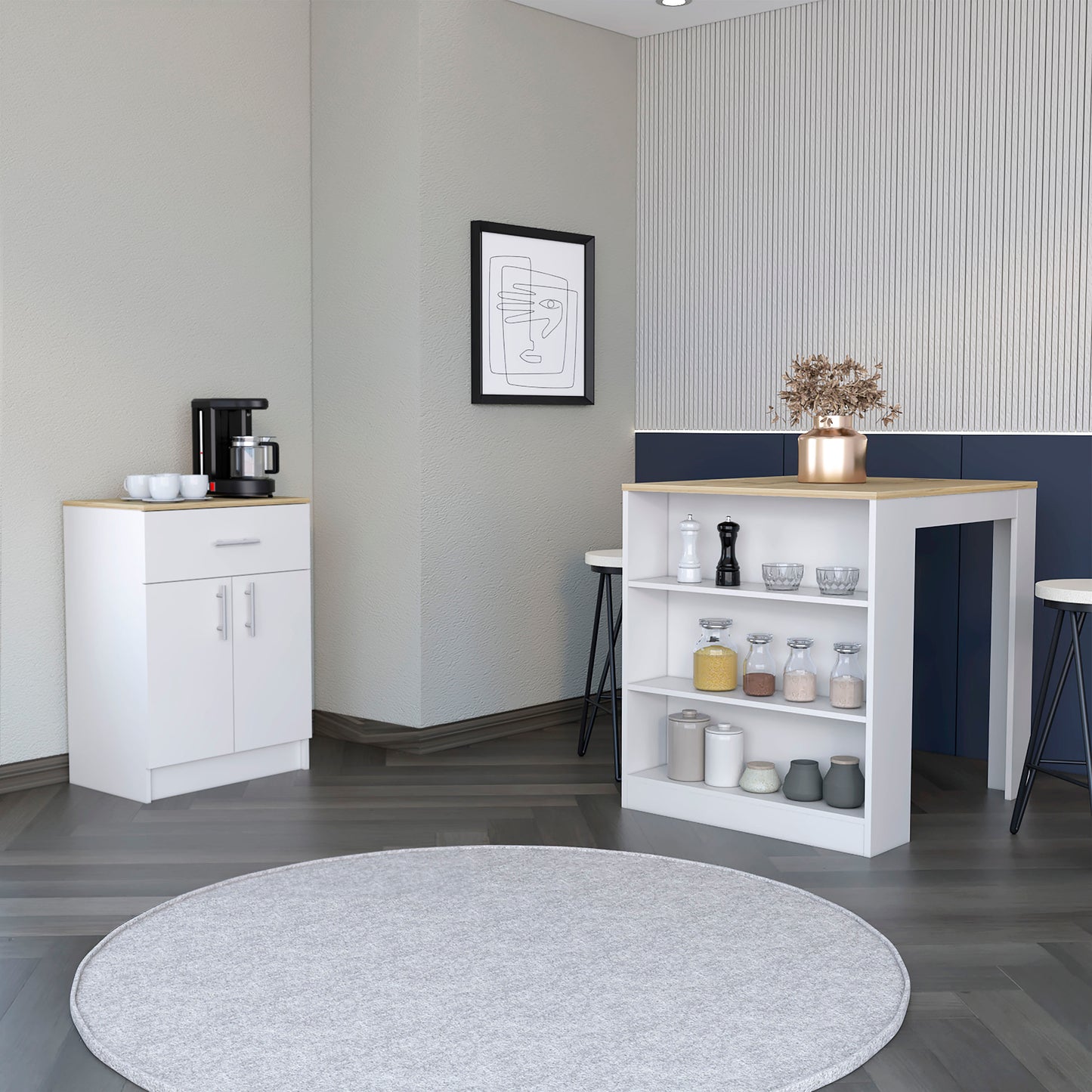 White kitchen cabinet with silver handles ideal for small space storage