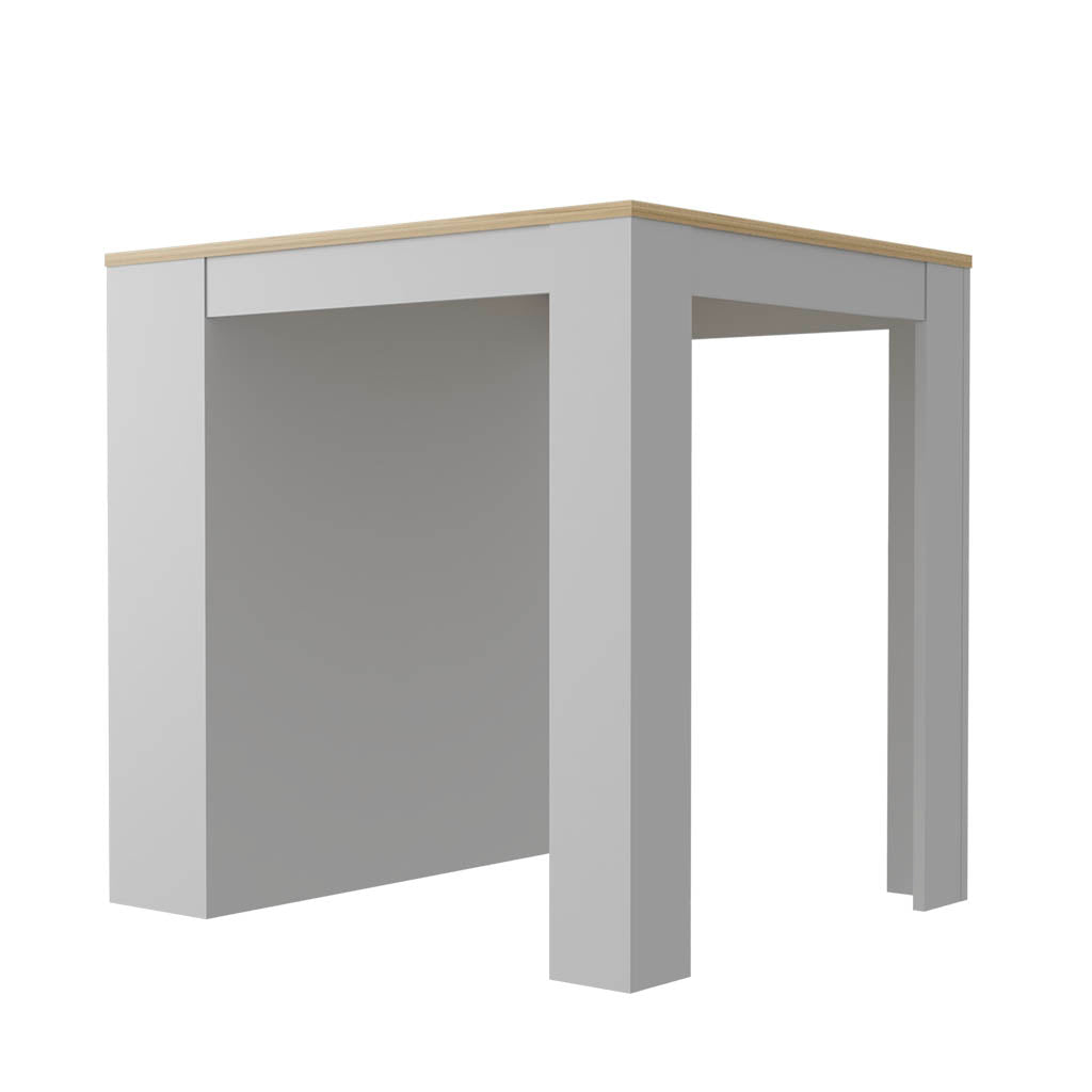 Gray minimalist desk with light wood accent top