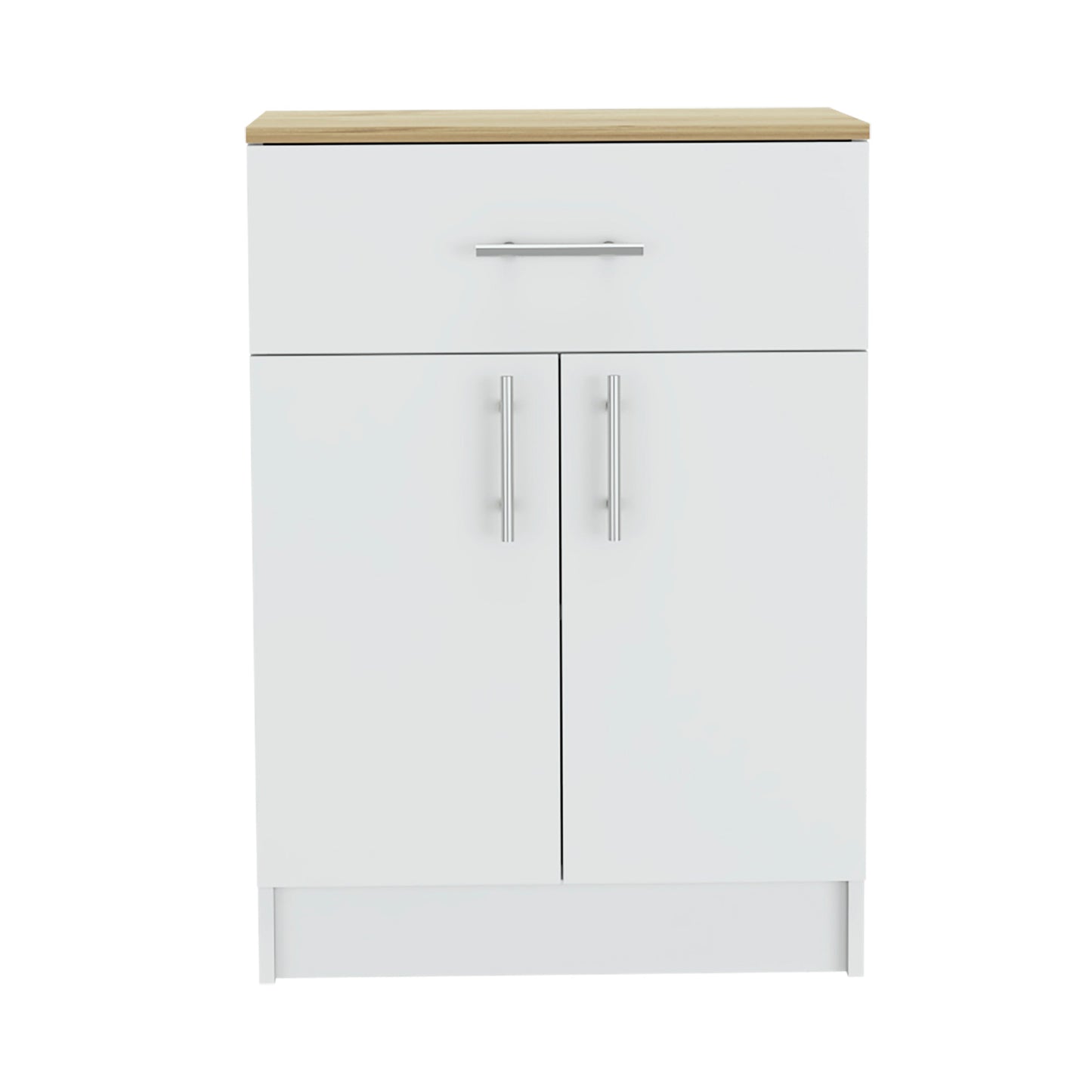 White bathroom vanity cabinet with a single drawer and double doors