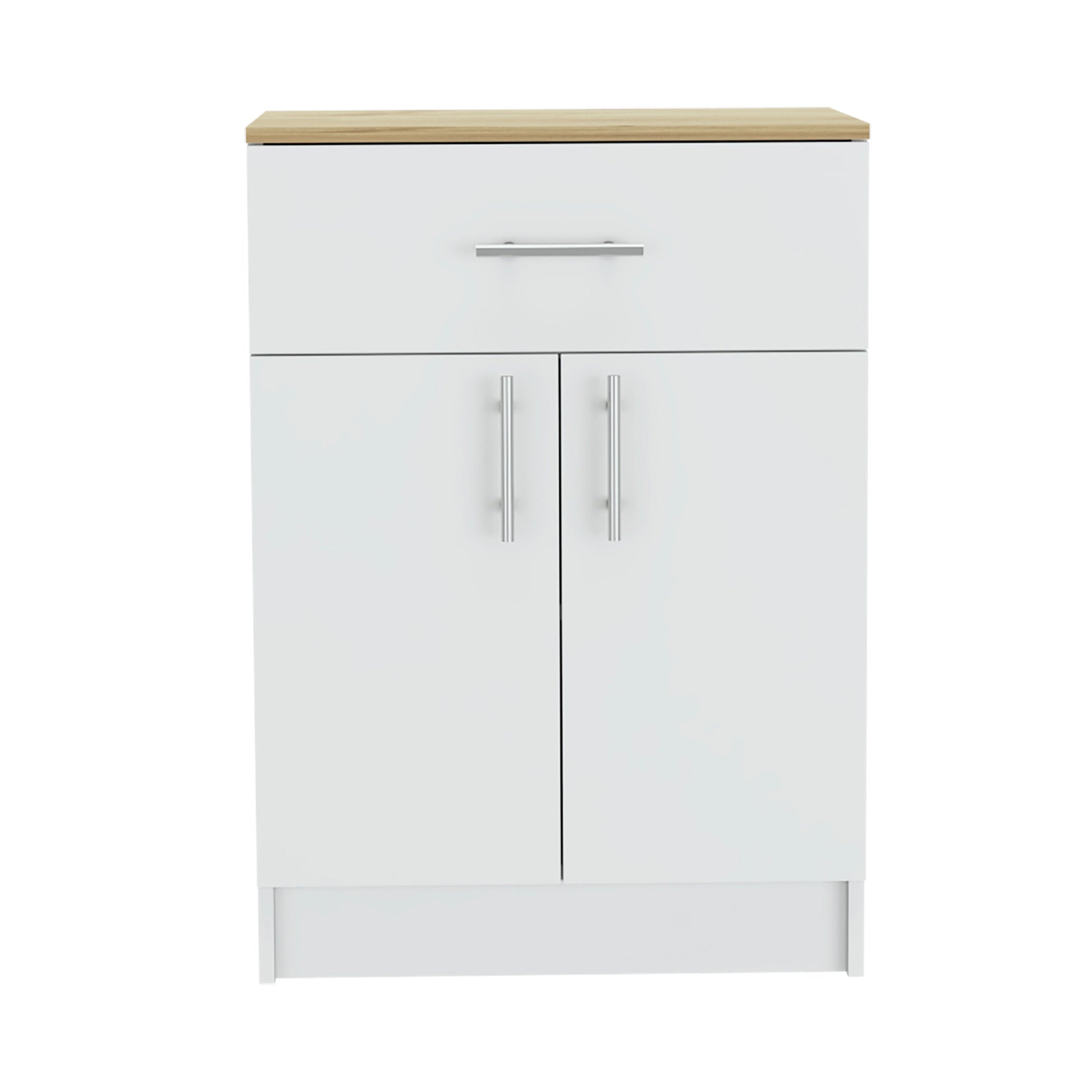 White bathroom vanity cabinet with a single drawer and double doors