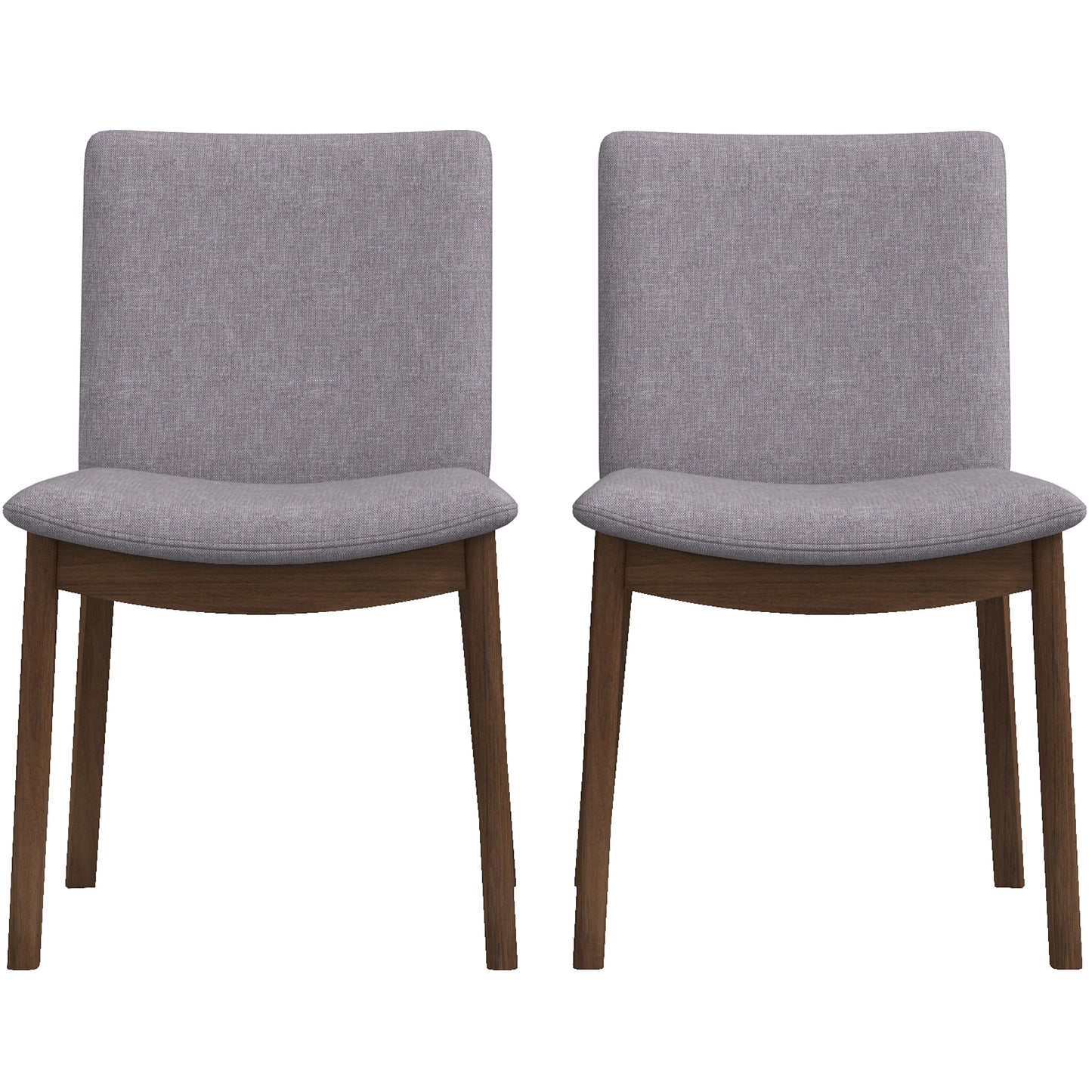 Two modern grey upholstered dining chairs with dark wood legs