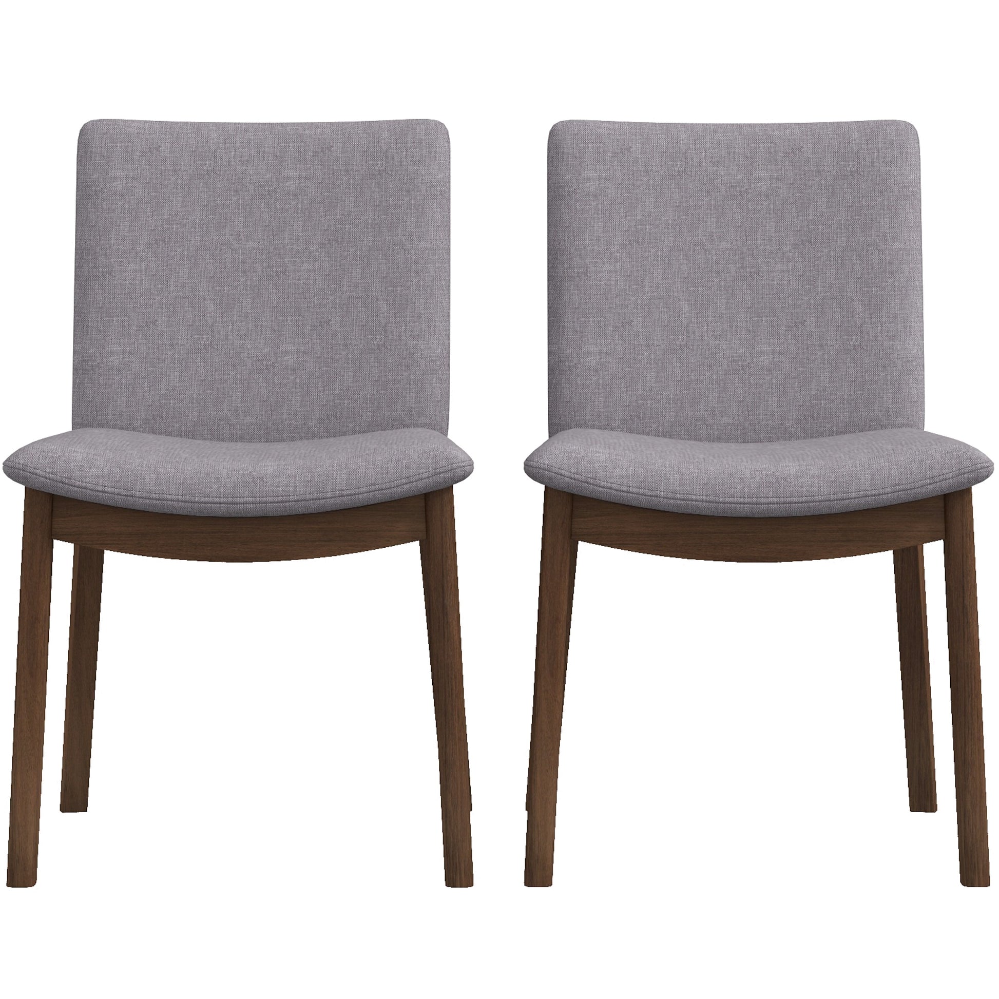 Two modern grey upholstered dining chairs with dark wood legs