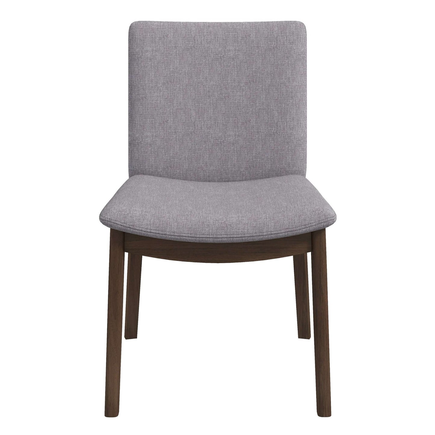 Gray upholstered dining chair with dark wood legs