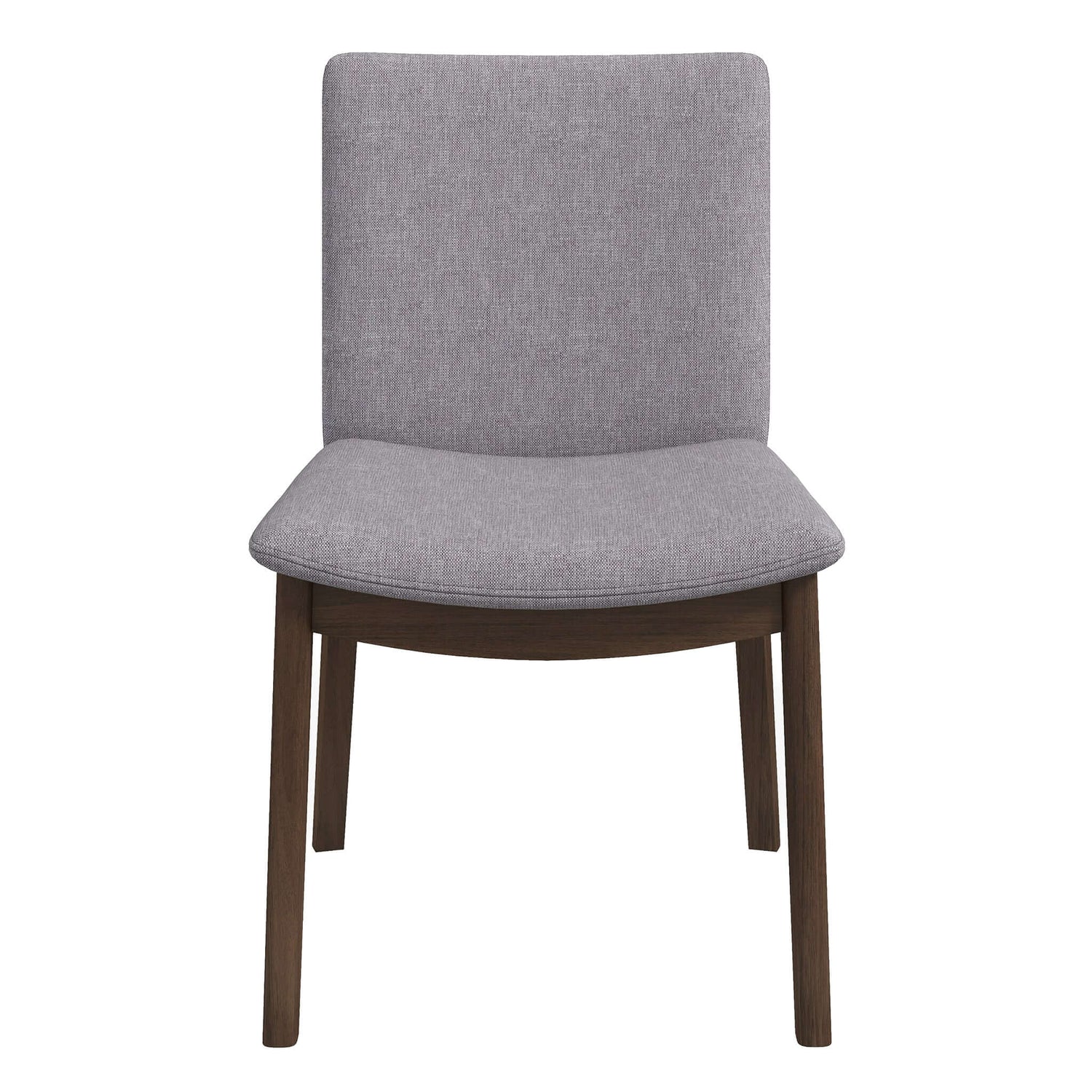Gray upholstered dining chair with dark wood legs