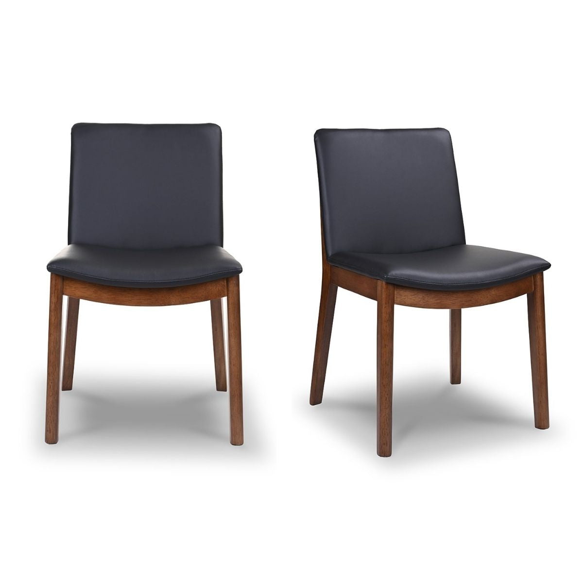 Two modern dining chairs with black faux leather seats and walnut wood frames
