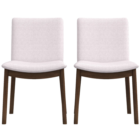 Two light pink upholstered dining chairs with dark wood legs