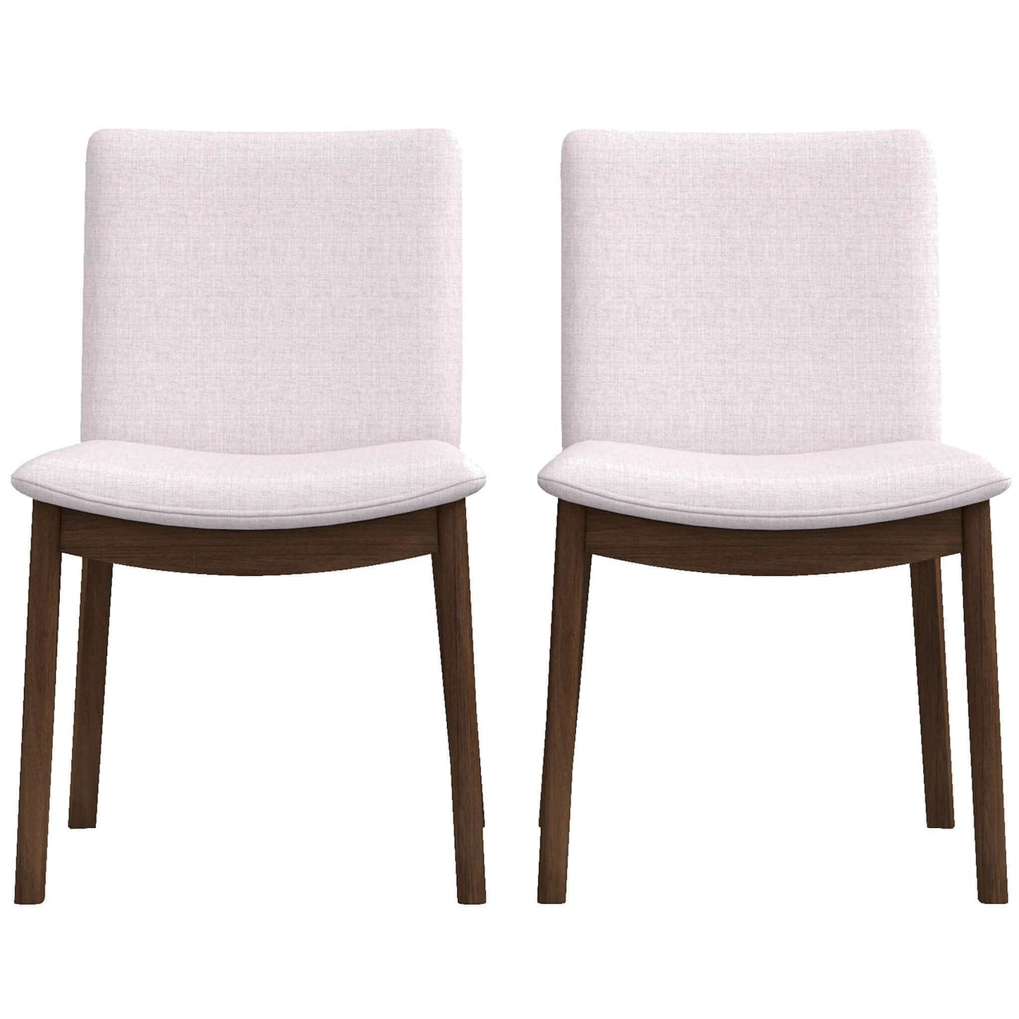 Two upholstered dining chairs with light pink fabric and dark wood legs