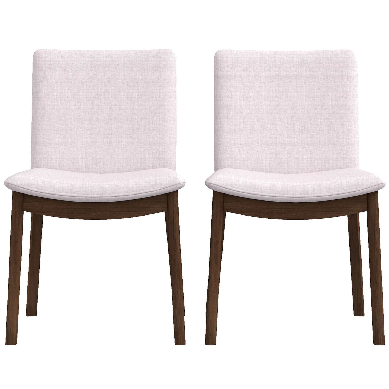 Two upholstered dining chairs with light pink fabric and dark wood legs
