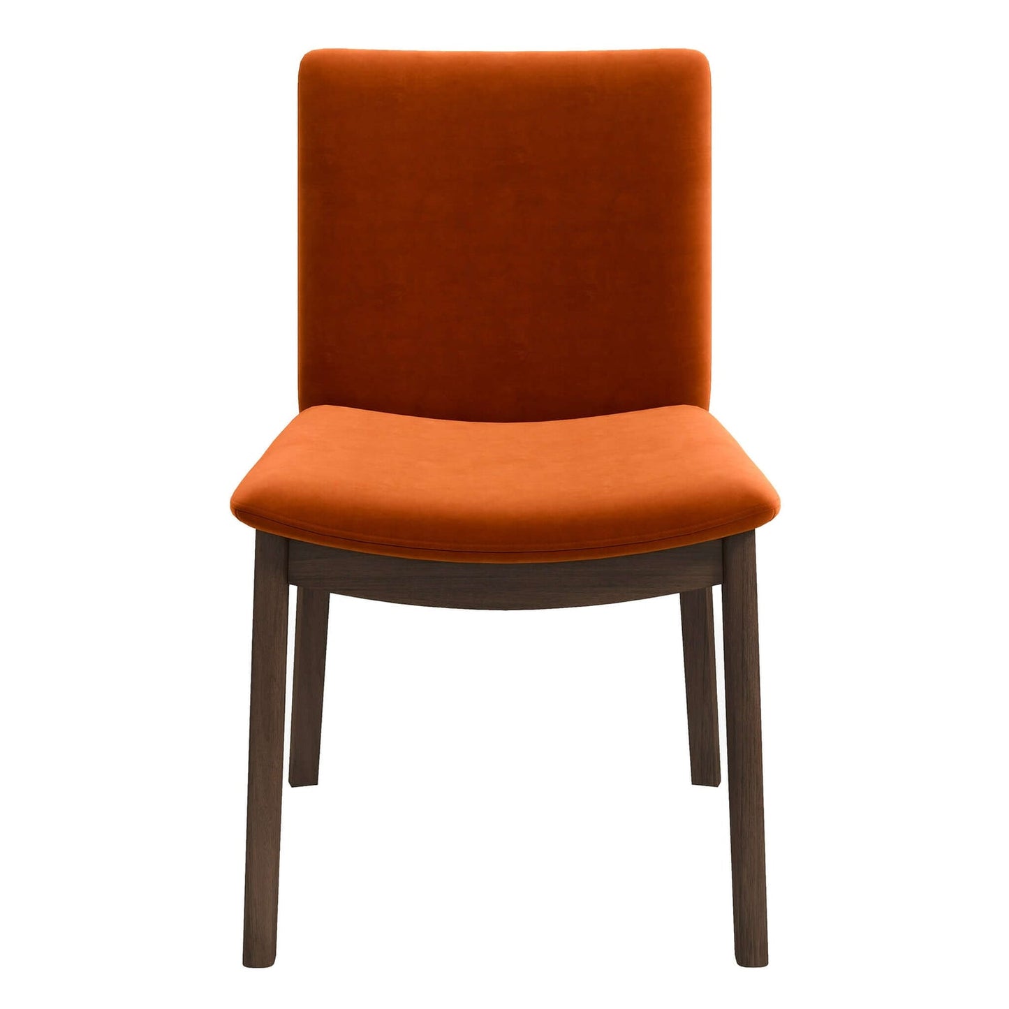 Modern dining chair with plush burnt orange velvet upholstery and dark wood legs