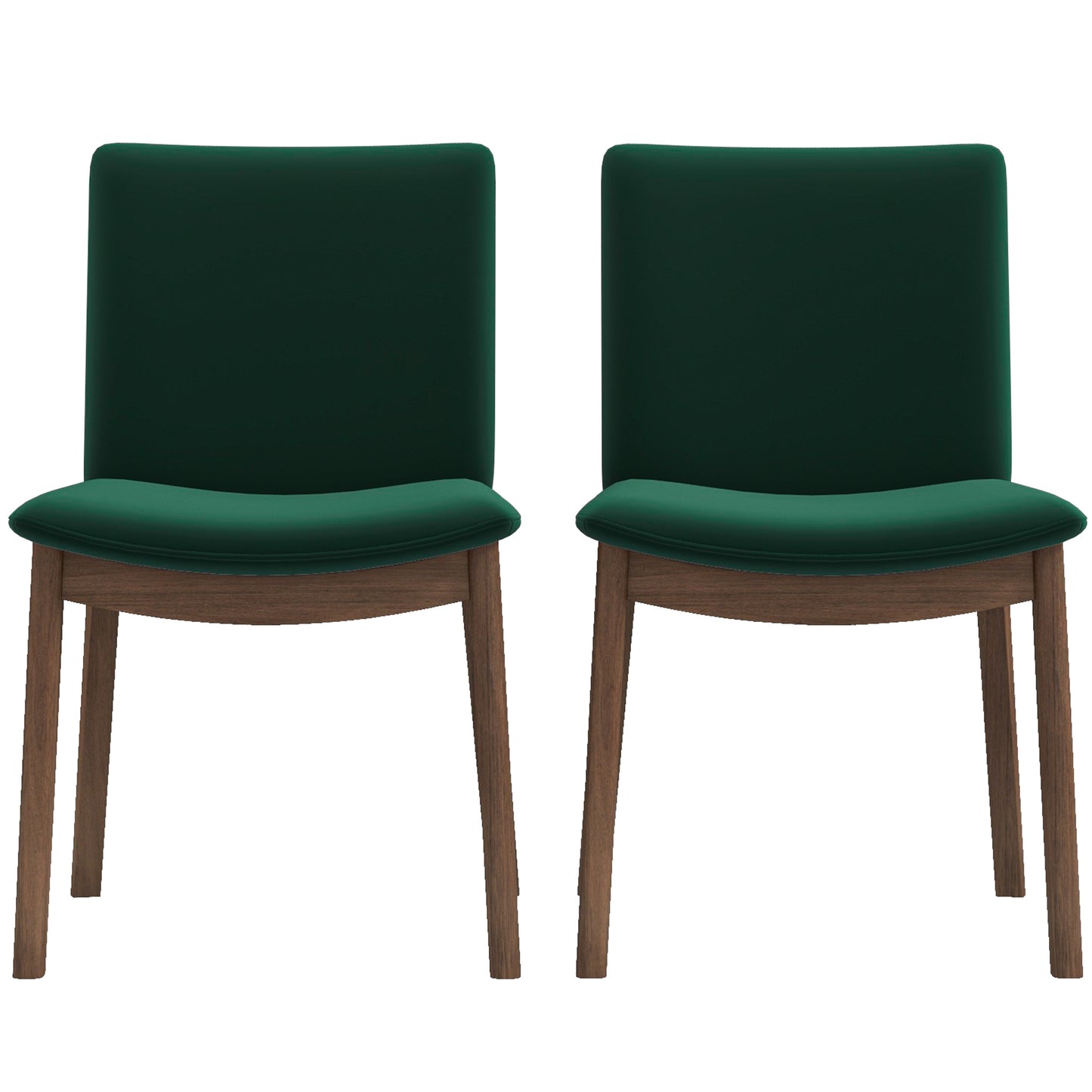 Two modern dining chairs with dark green velvet upholstery and wooden legs