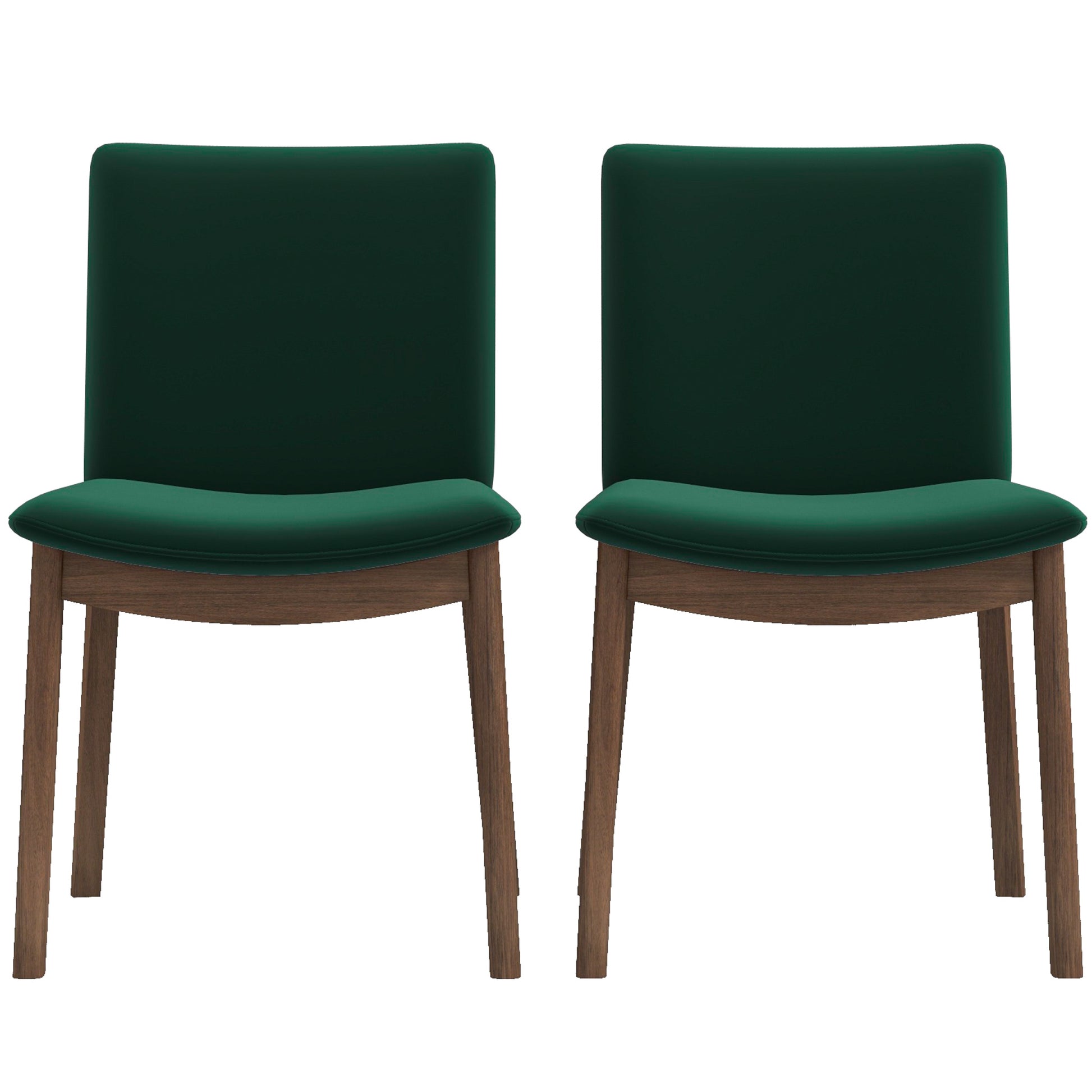 Two modern dining chairs with dark green velvet upholstery and wooden legs