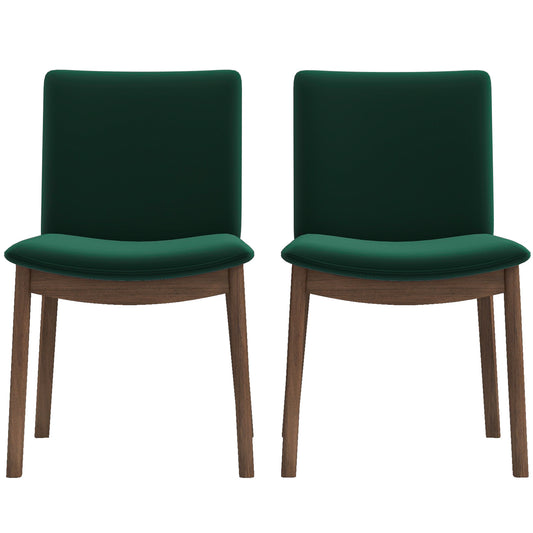 Two modern dining chairs with dark green velvet upholstery and wooden legs