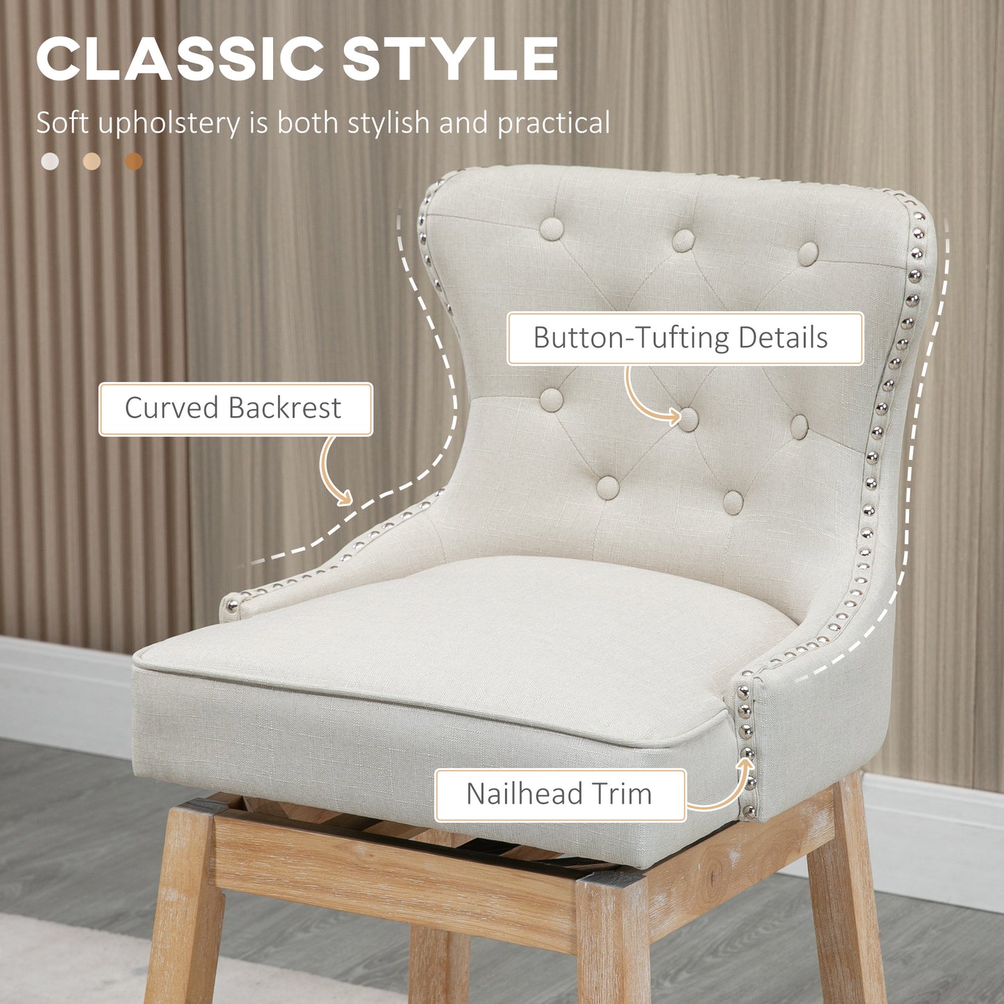 Cream upholstered bar stool with buttontufting and nailhead trim