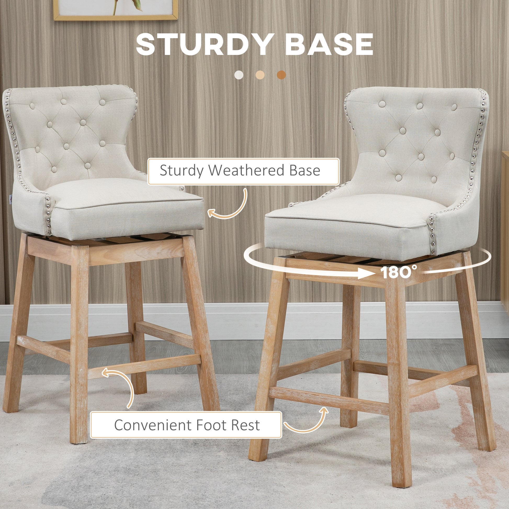 Cream upholstered swivel bar stool with tufted back and wood base