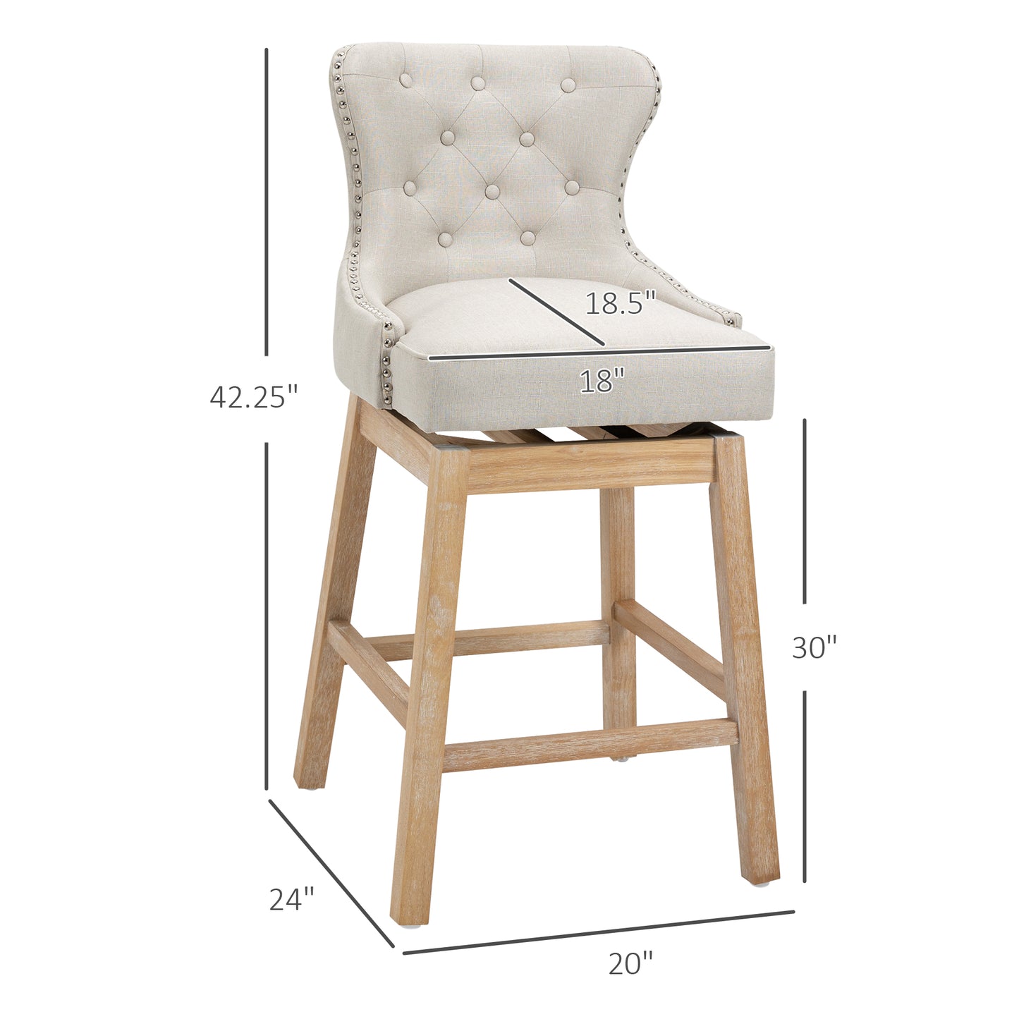 Tufted linen bar stool with nailhead trim and wooden legs