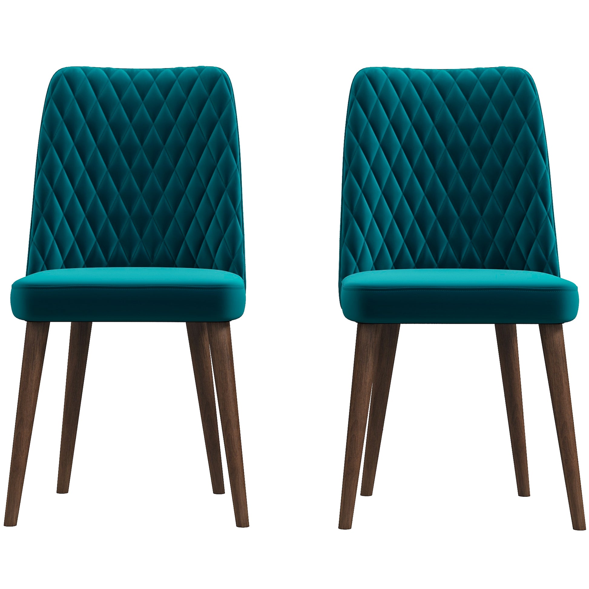 Two teal velvet dining chairs with diamond tufting and dark wood legs