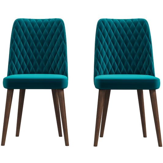 Two teal velvet dining chairs with diamond tufting and dark wood legs