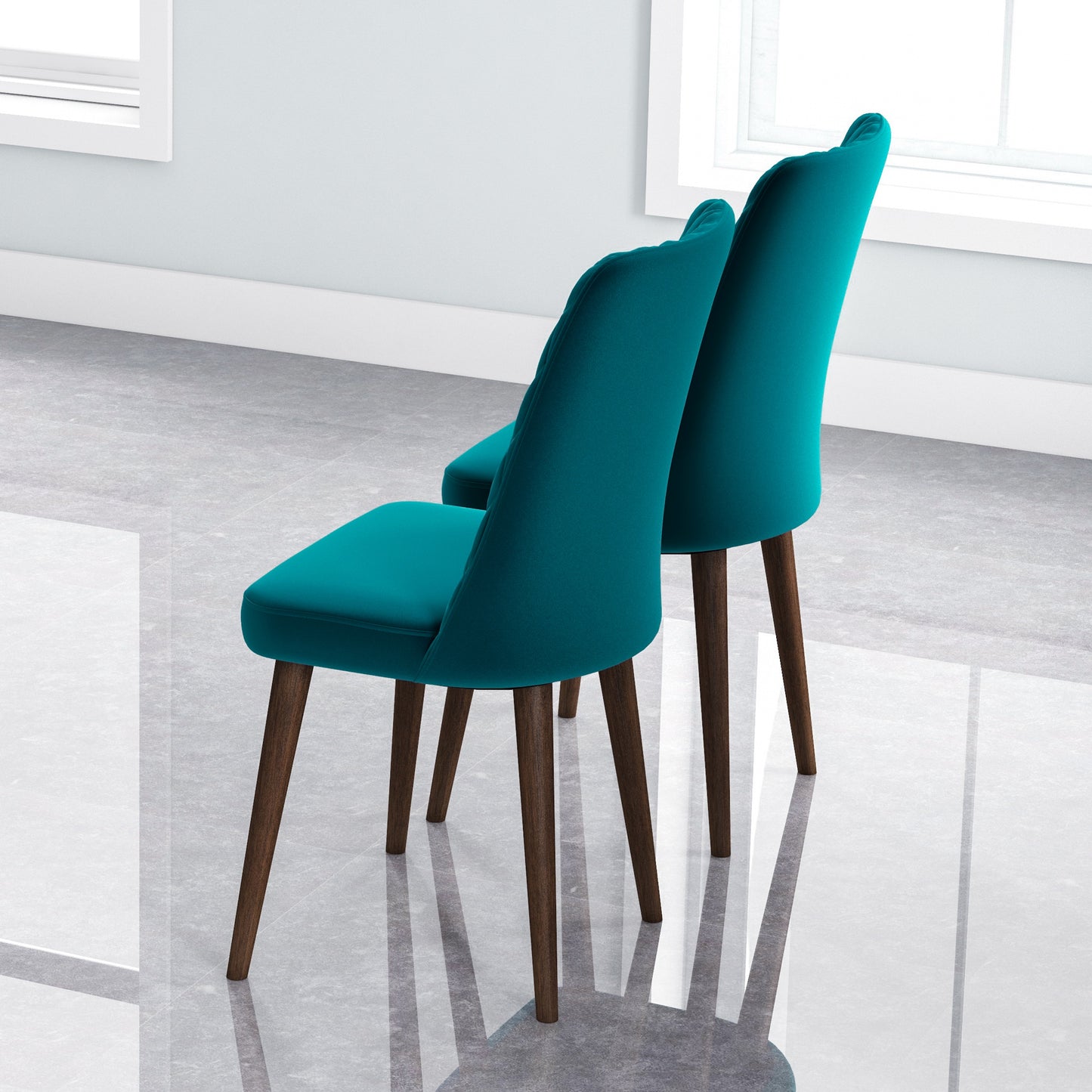 Teal velvet dining chair with dark wood legs elegant accent seating