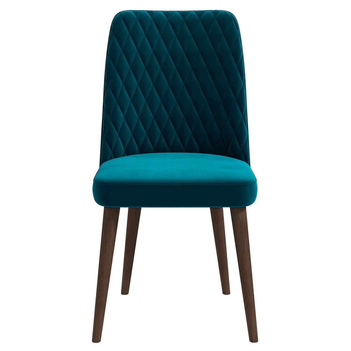 Teal velvet dining chair with diamond tufting and wooden legs