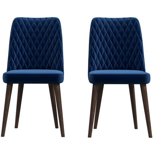 Two navy blue velvet dining chairs with diamond tufting and dark wood legs