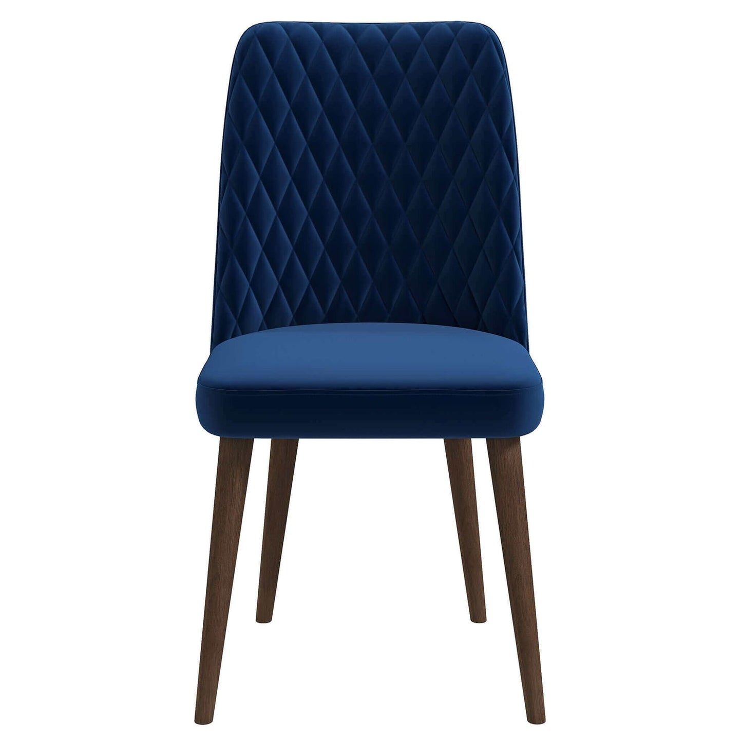 Deep blue velvet dining chair with diamond tufting and tapered wooden legs