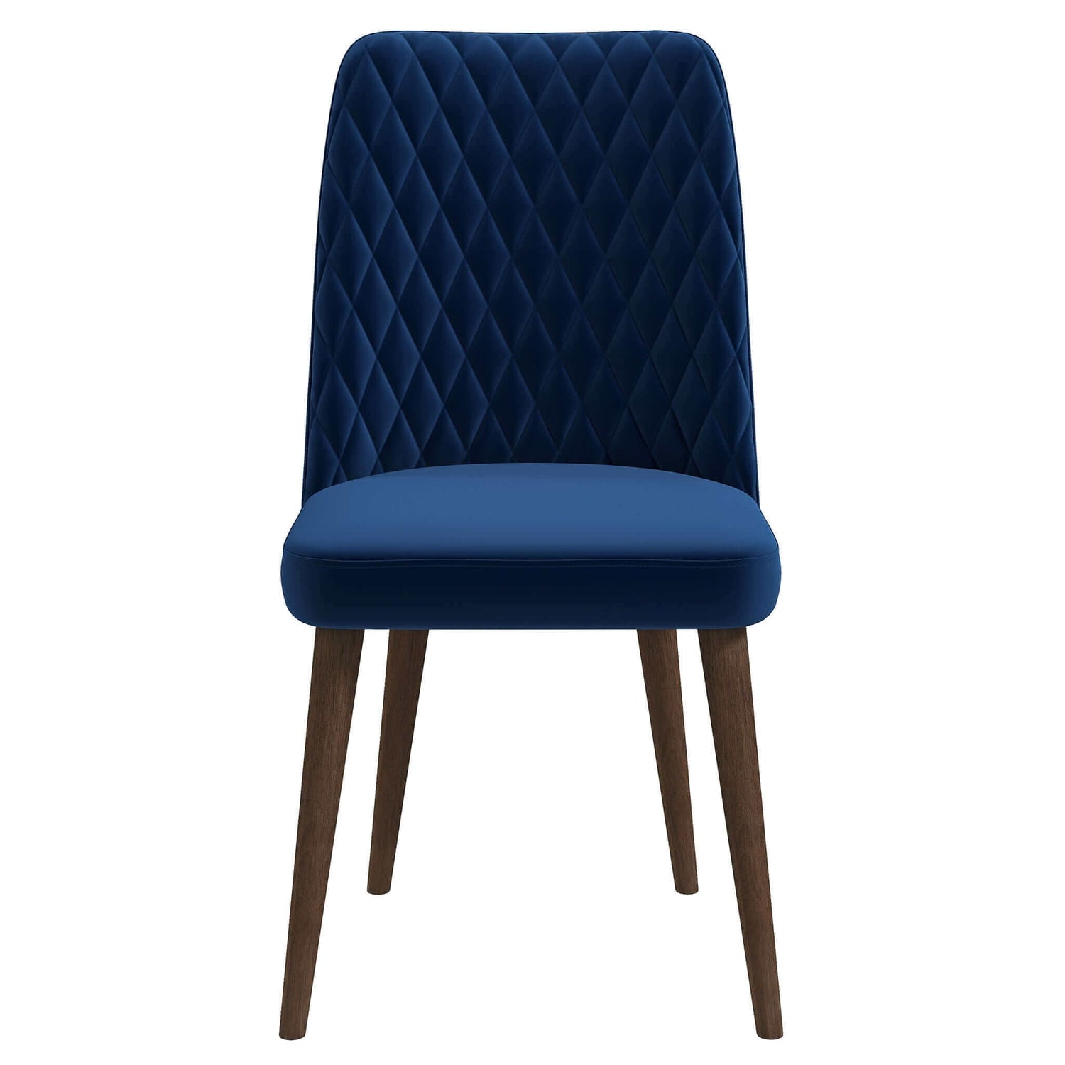 Deep blue velvet dining chair with diamond tufting and tapered wooden legs