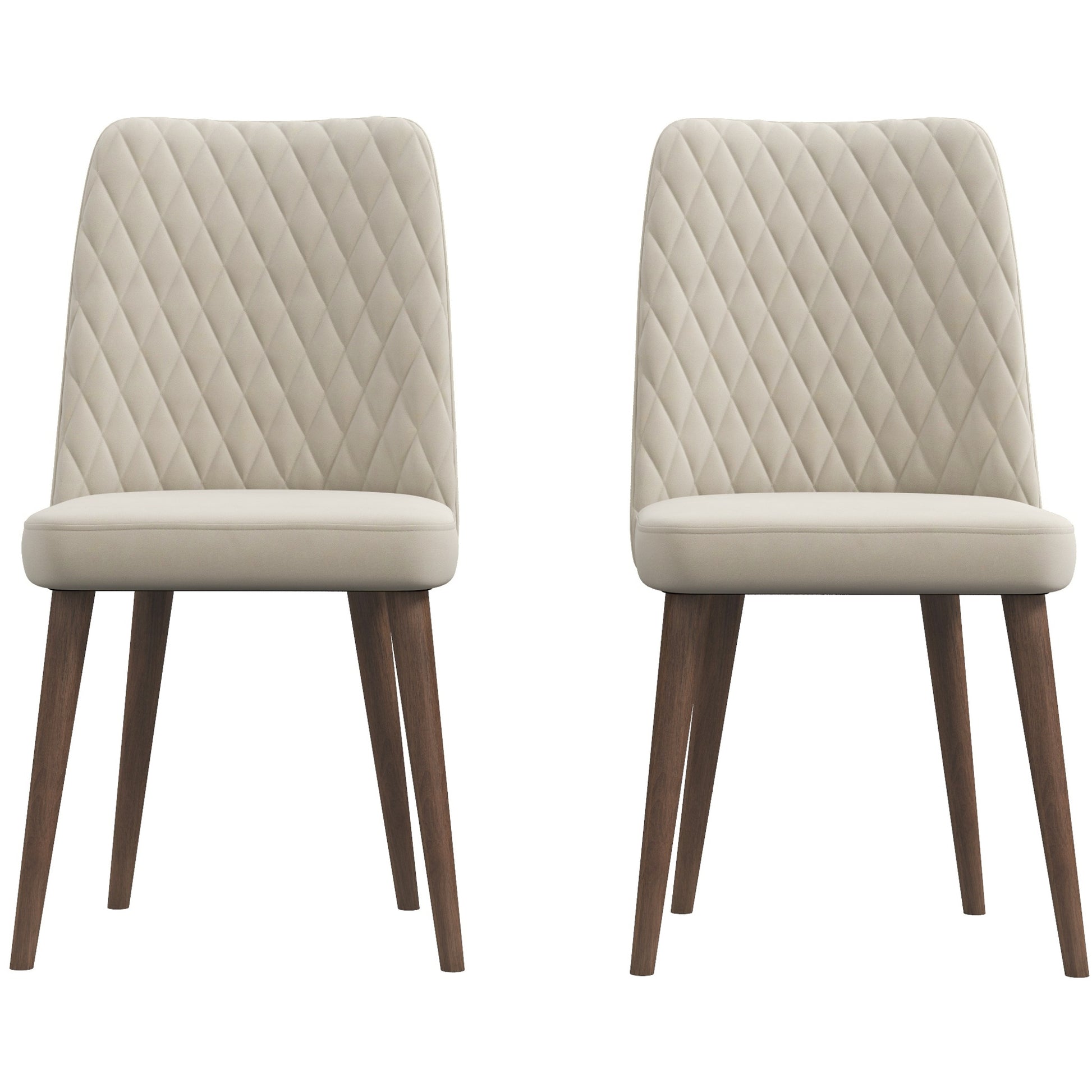 Two beige upholstered dining chairs with diamond tufting and dark wood legs