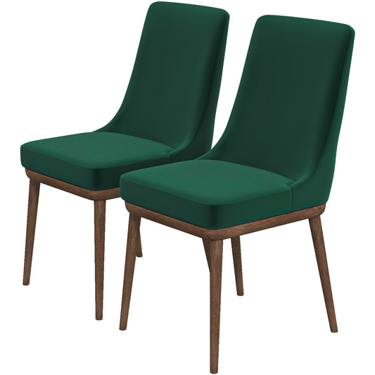 Two forest green upholstered dining chairs with dark wood legs modern style