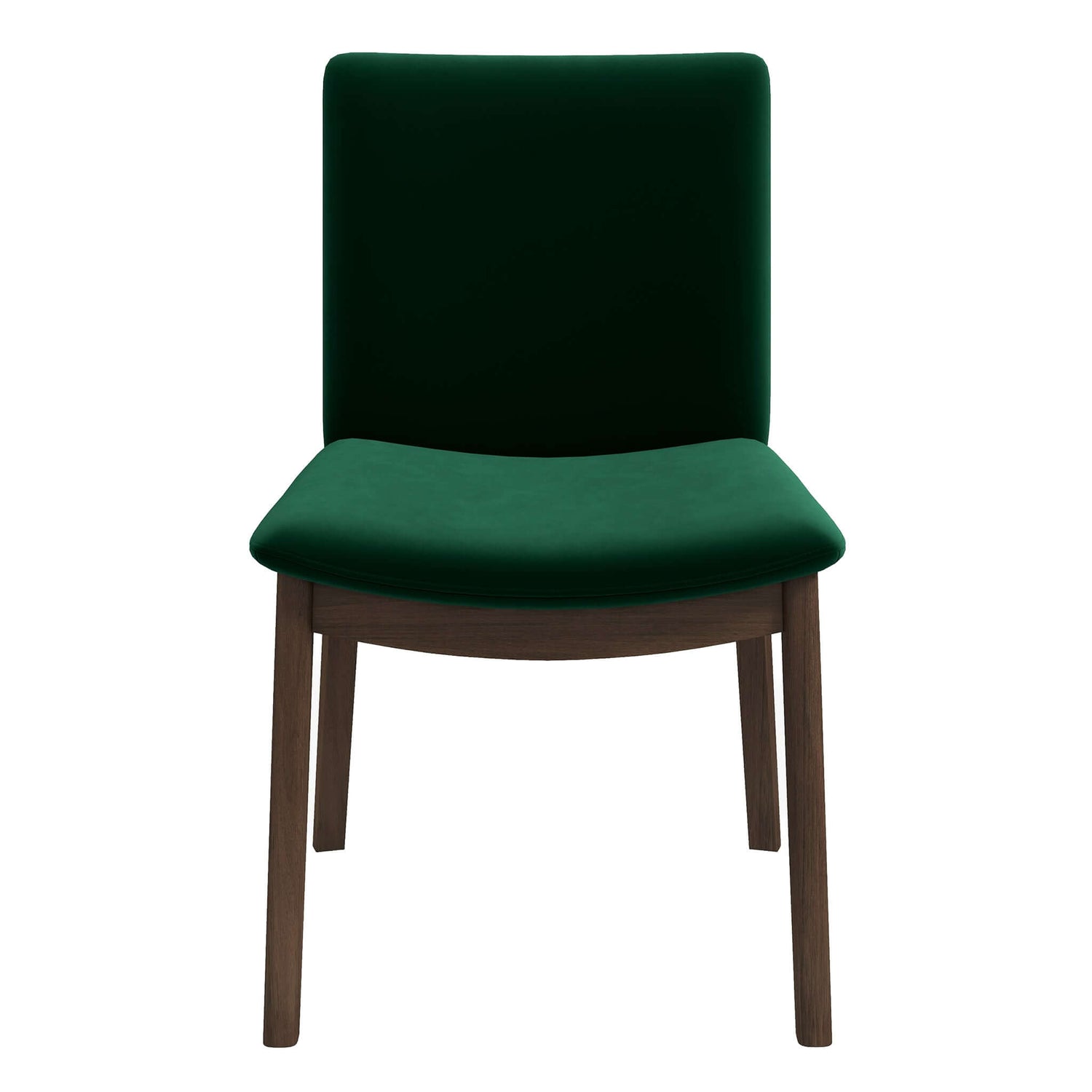 Emerald green velvet dining chair with dark wood legs