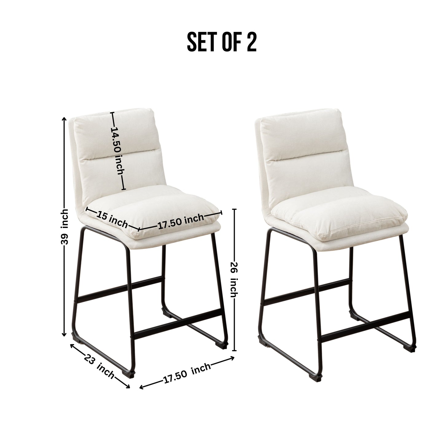 Set of  cream upholstered counter stools with black metal frames