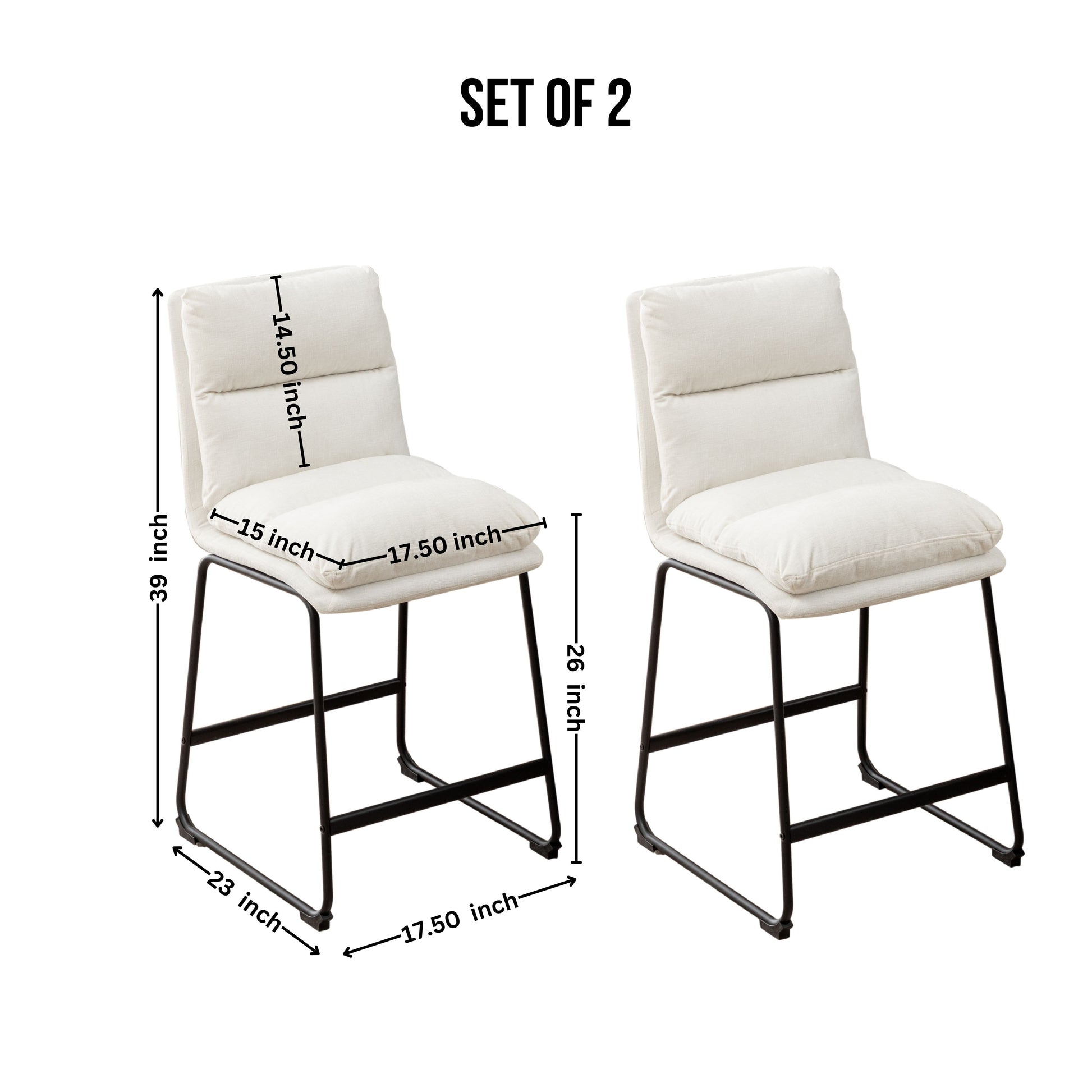 Set of  cream upholstered counter stools with black metal frames