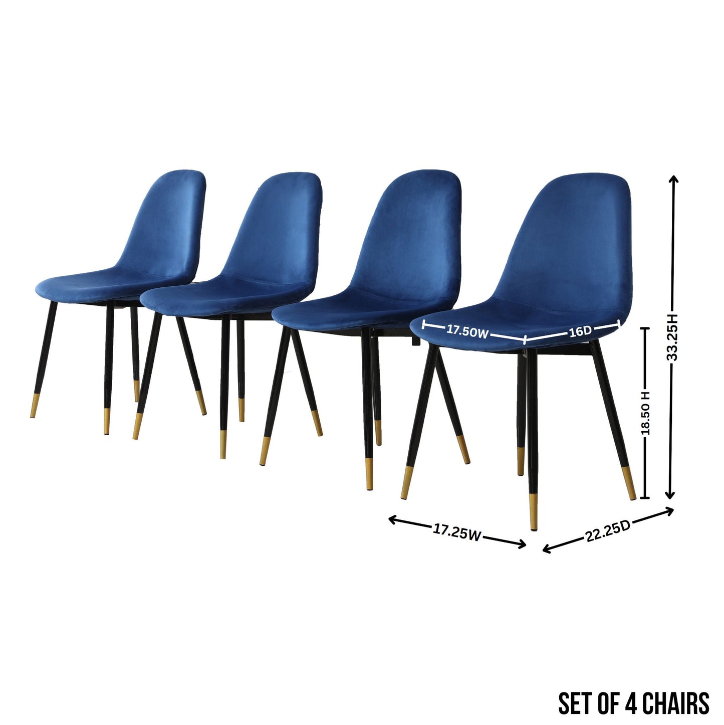 Set of  navy blue velvet dining chairs with black tapered legs and gold accents