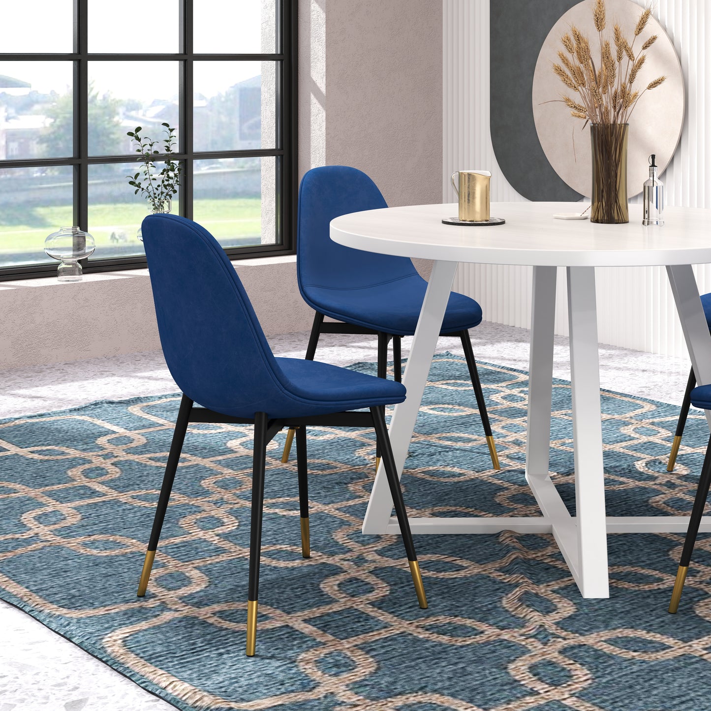 Elegant blue velvet dining chair with goldtipped black legs