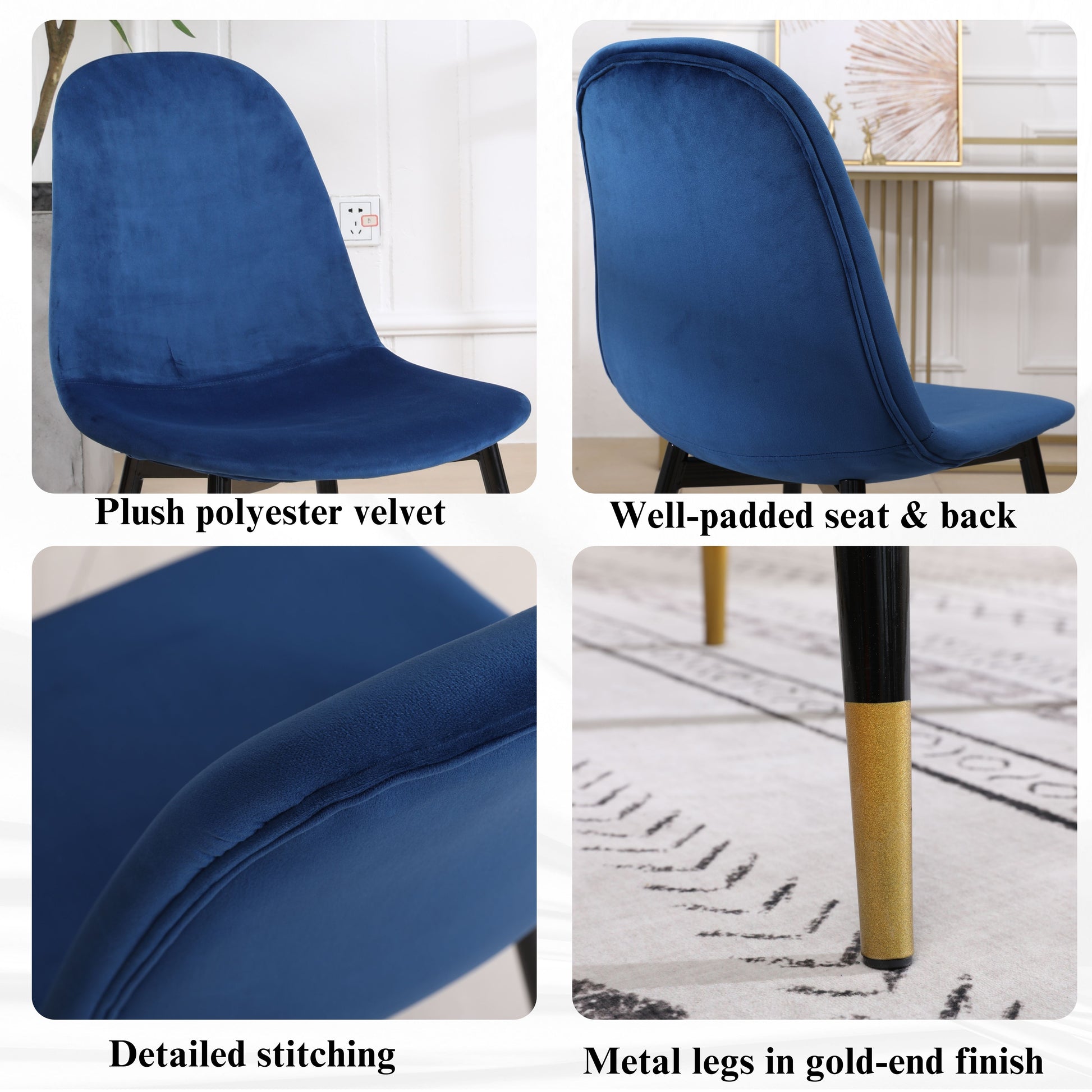 Plush royal blue velvet dining chair with padded seat and back