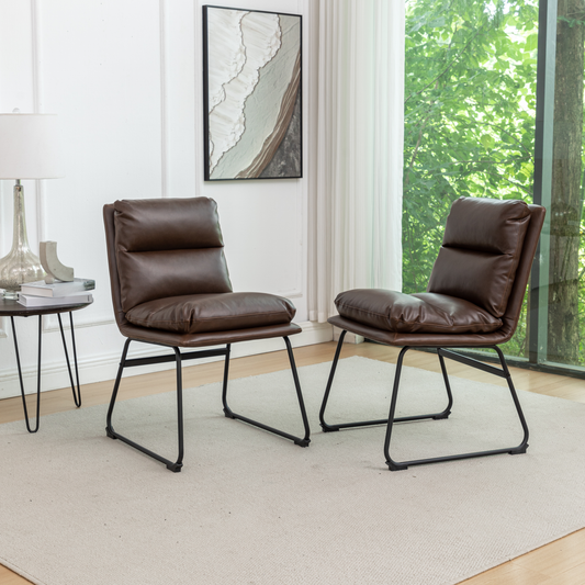 Plush brown leather accent chair with padded seat and backrest on black metal legs
