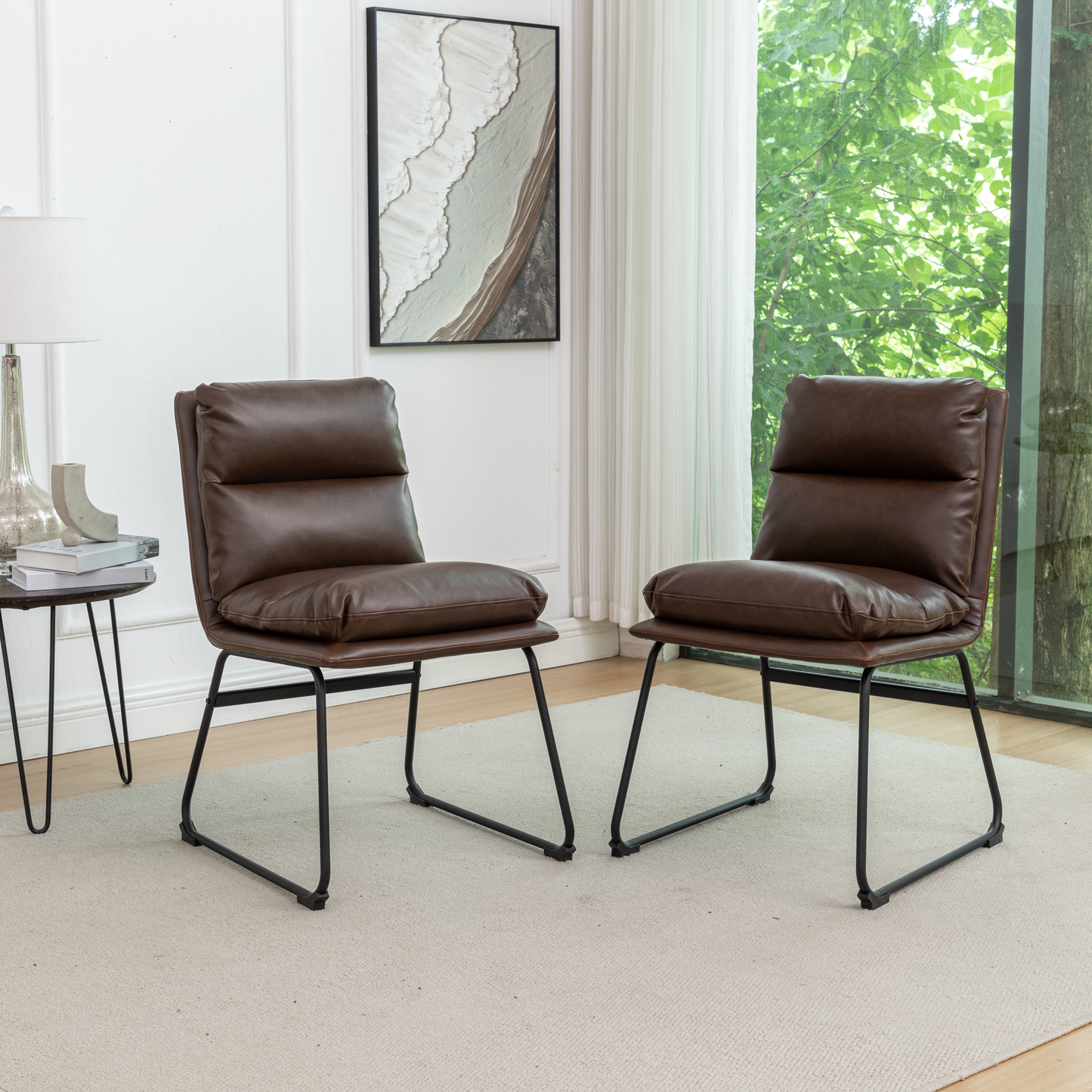 Padded brown faux leather accent chair with black metal legs perfect for modern living spaces