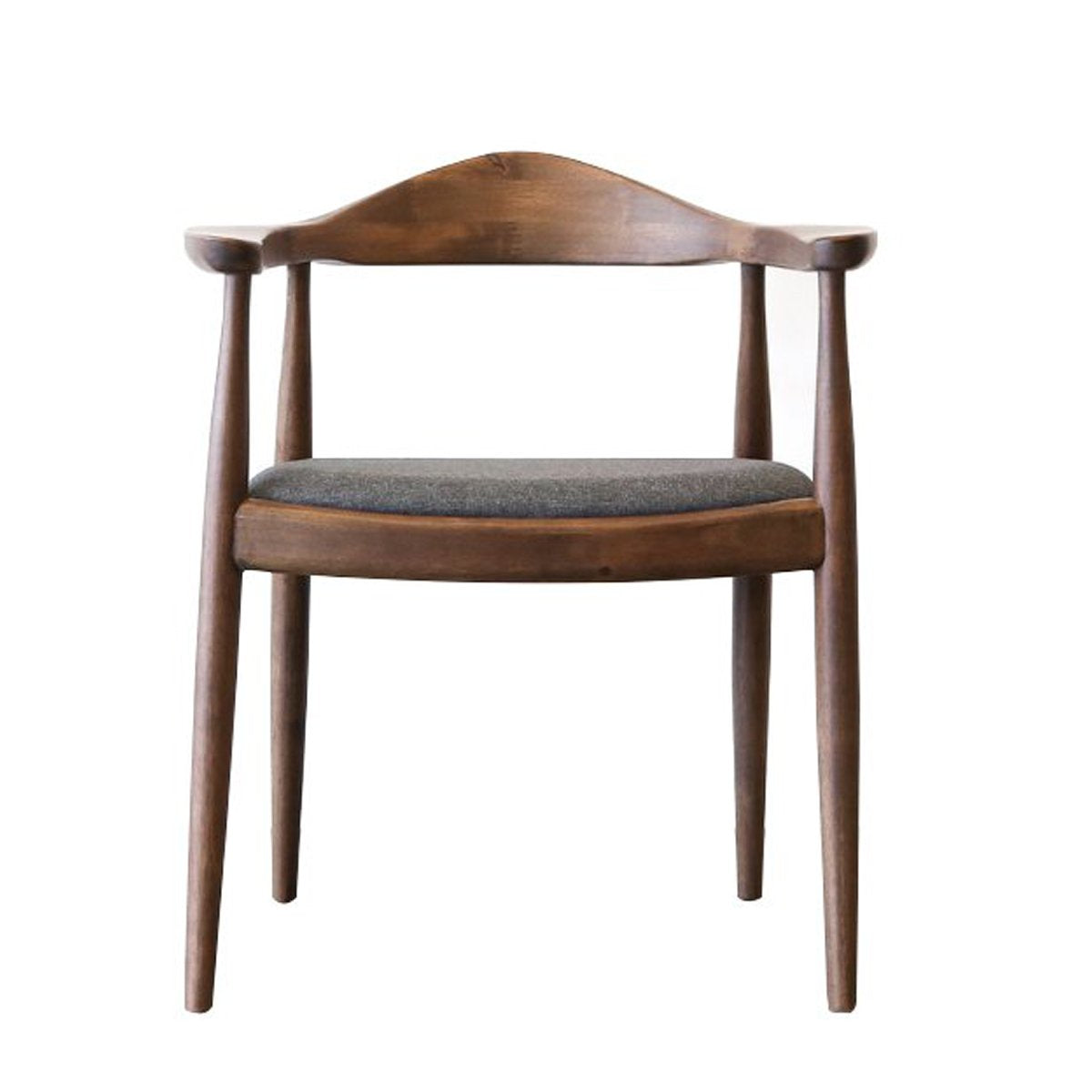 Walnut dining chair with upholstered gray seat and curved backrest