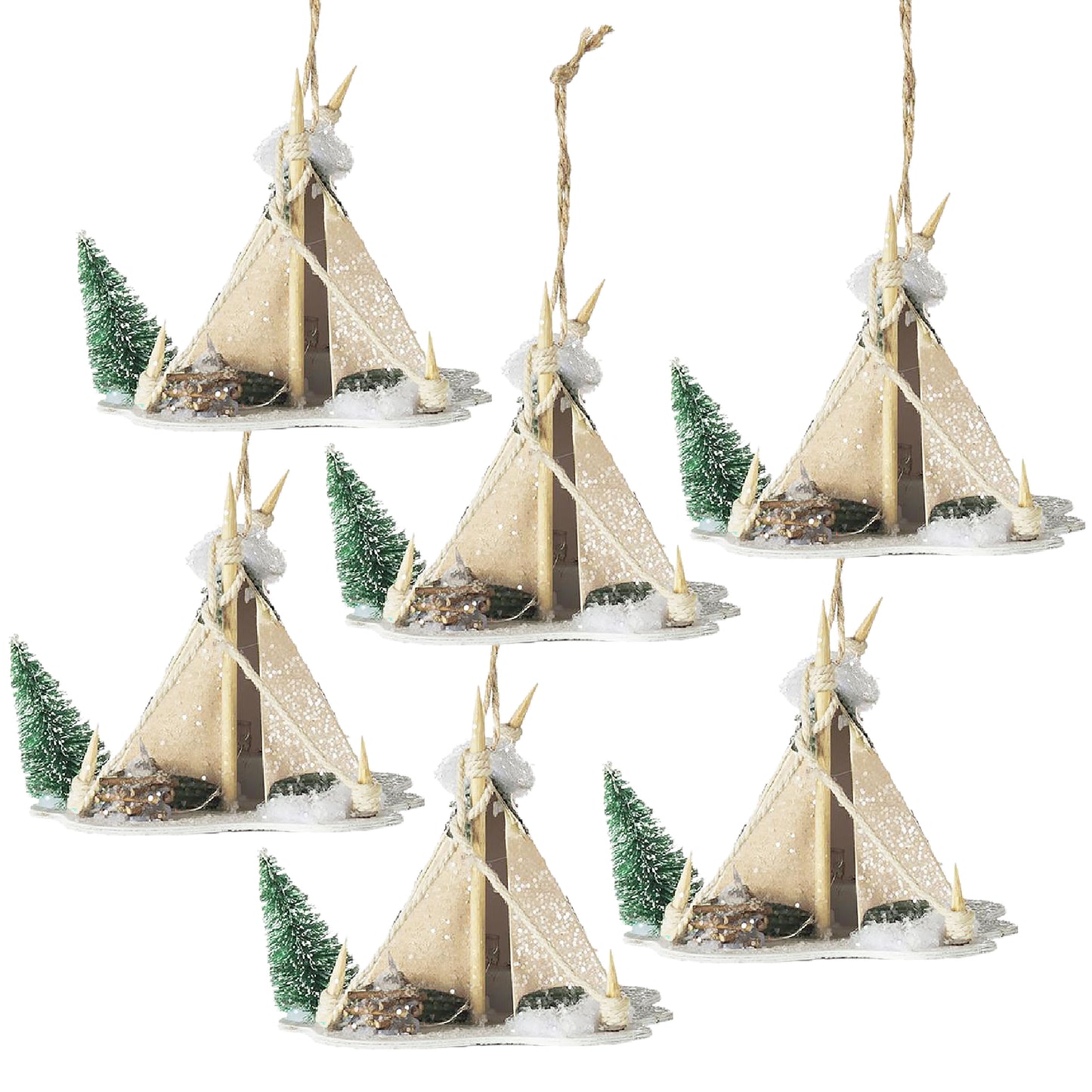 Beige glitter teepee ornament with mini pine trees and wood pile