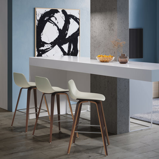 Cream leather swivel bar stool with dark wood legs and metal footrest