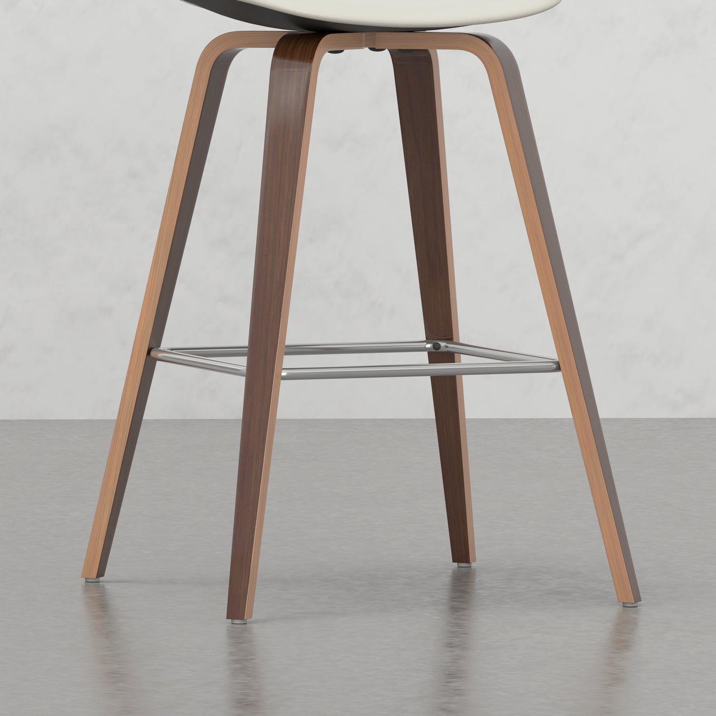 Modern walnut veneer bar stool with chrome footrest and white seat