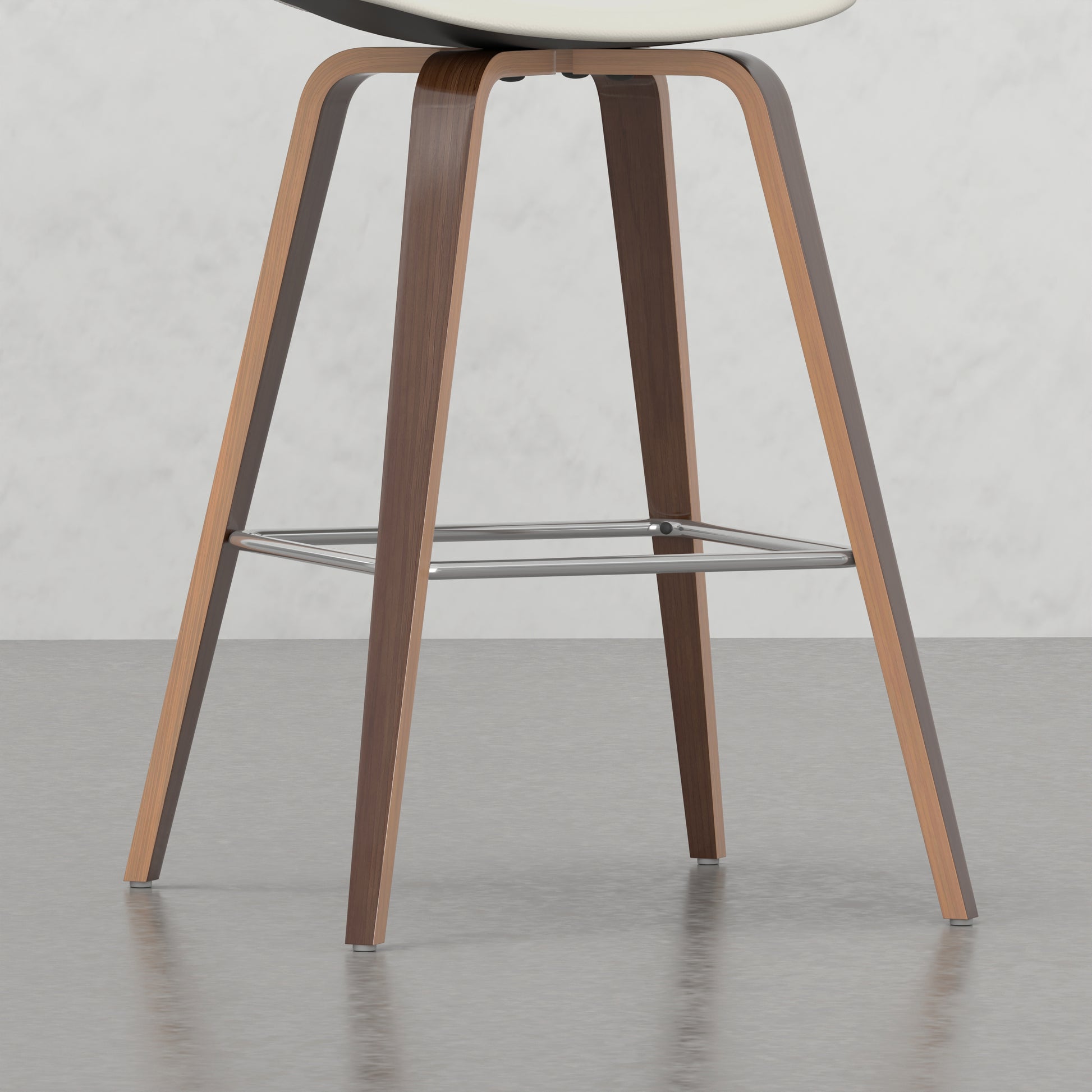 Modern walnut veneer bar stool with chrome footrest and white seat