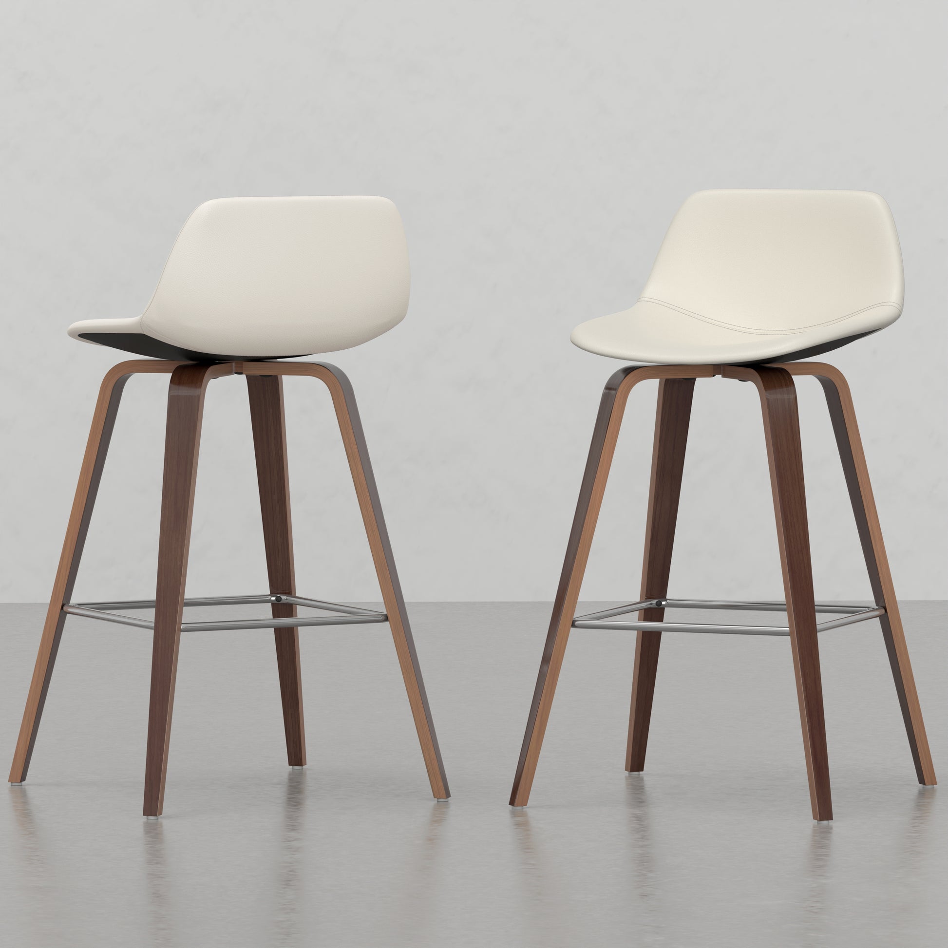 Cream upholstered modern bar stool with walnut wood legs